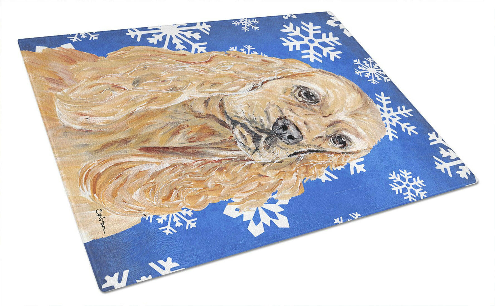 Cocker Spaniel Blue Snowflake Winter Glass Cutting Board Large by Caroline's Treasures