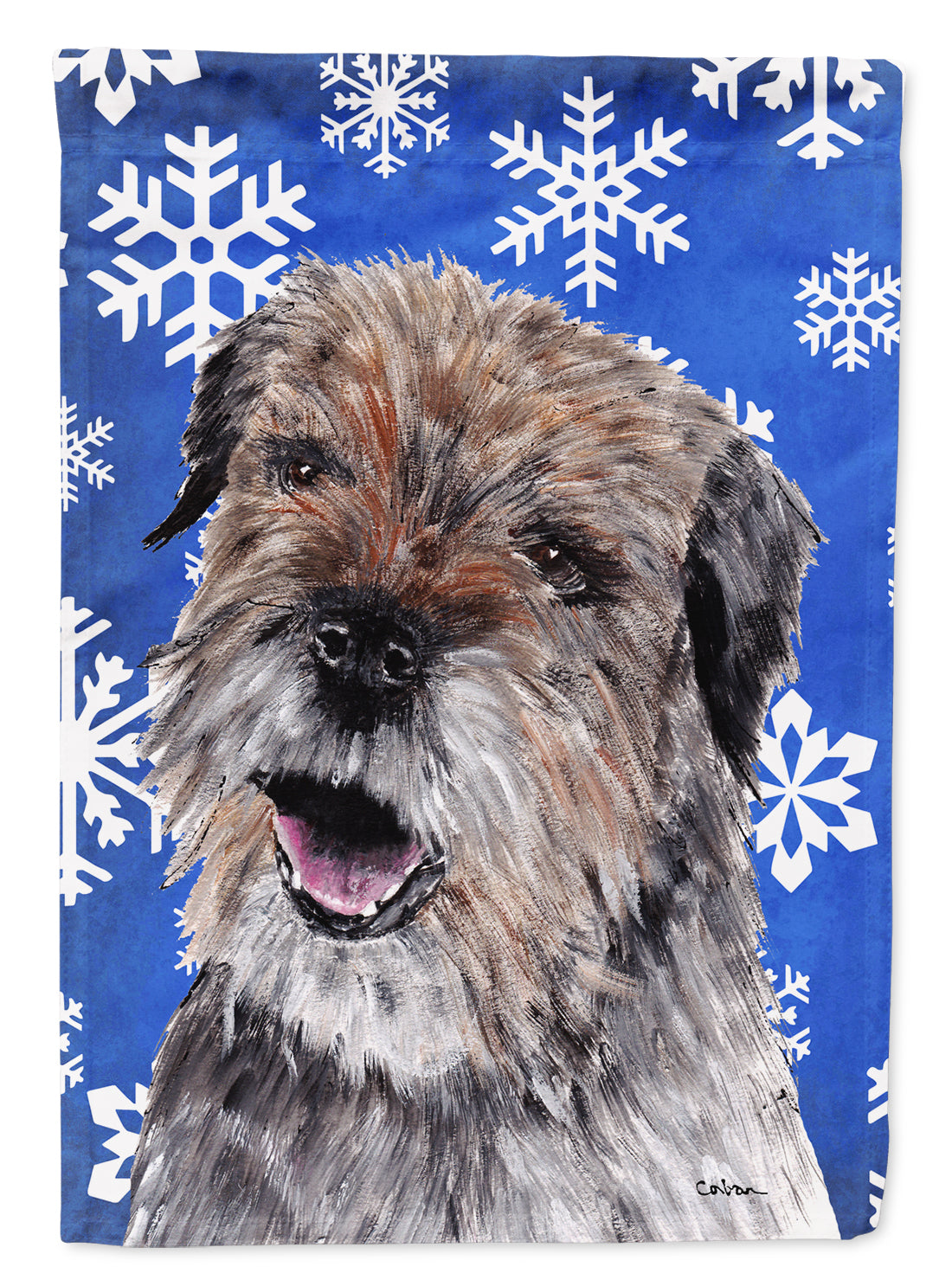 Border Terrier Blue Snowflake Winter Flag Garden Size.