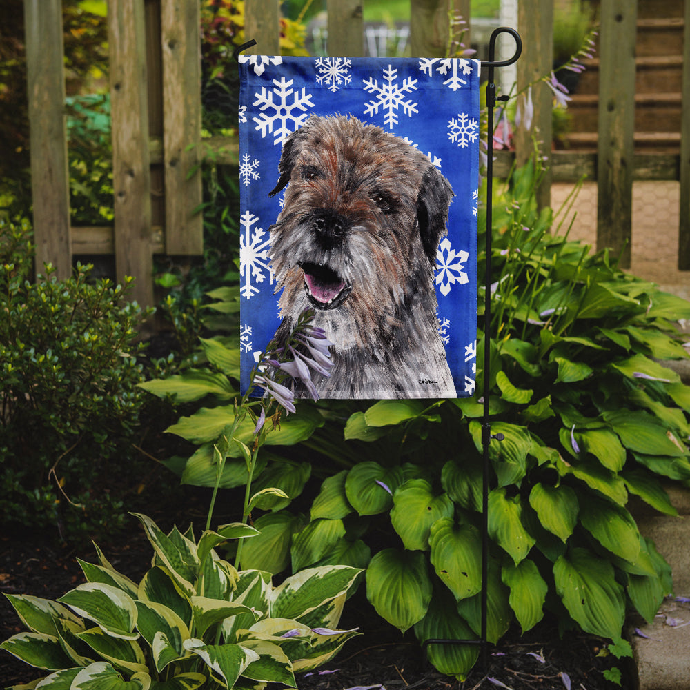 Border Terrier Blue Snowflake Winter Flag Garden Size.