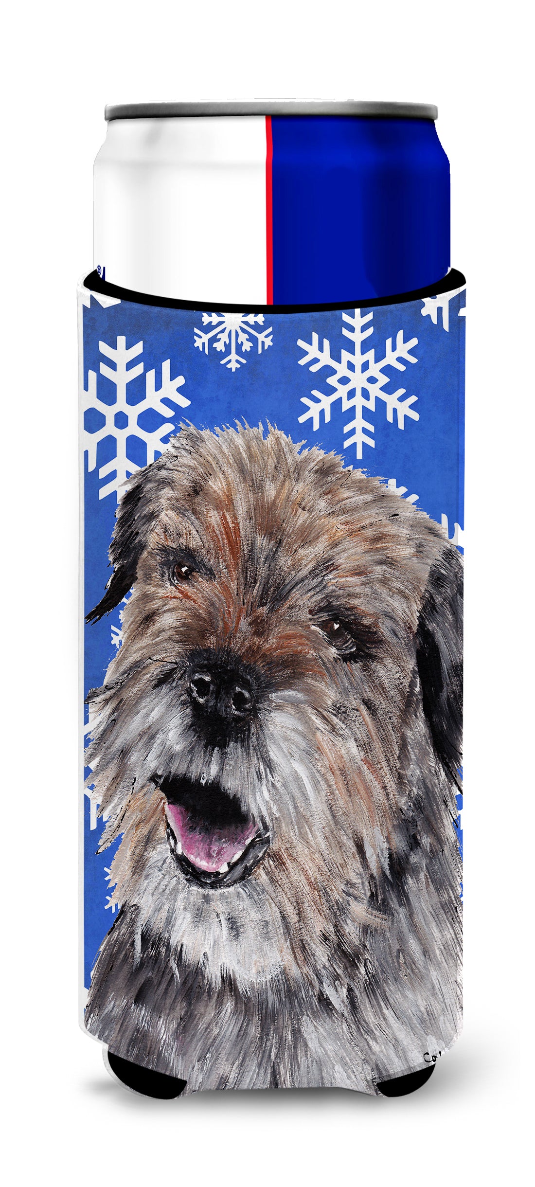 Border Terrier Blue Snowflake Winter Ultra Beverage Insulators for slim cans.