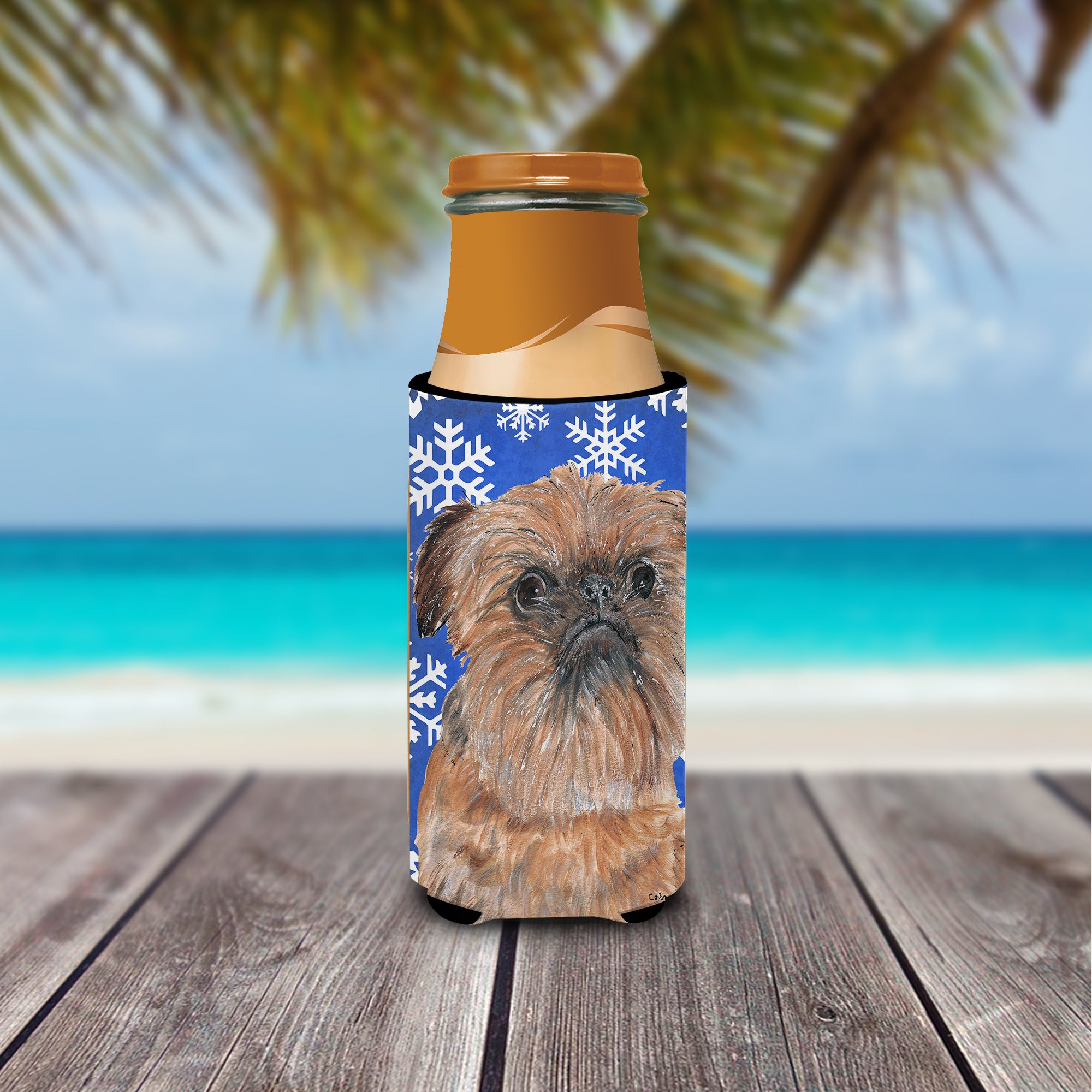 Brussels Griffon Blue Snowflake Winter Ultra Beverage Insulators for slim cans.