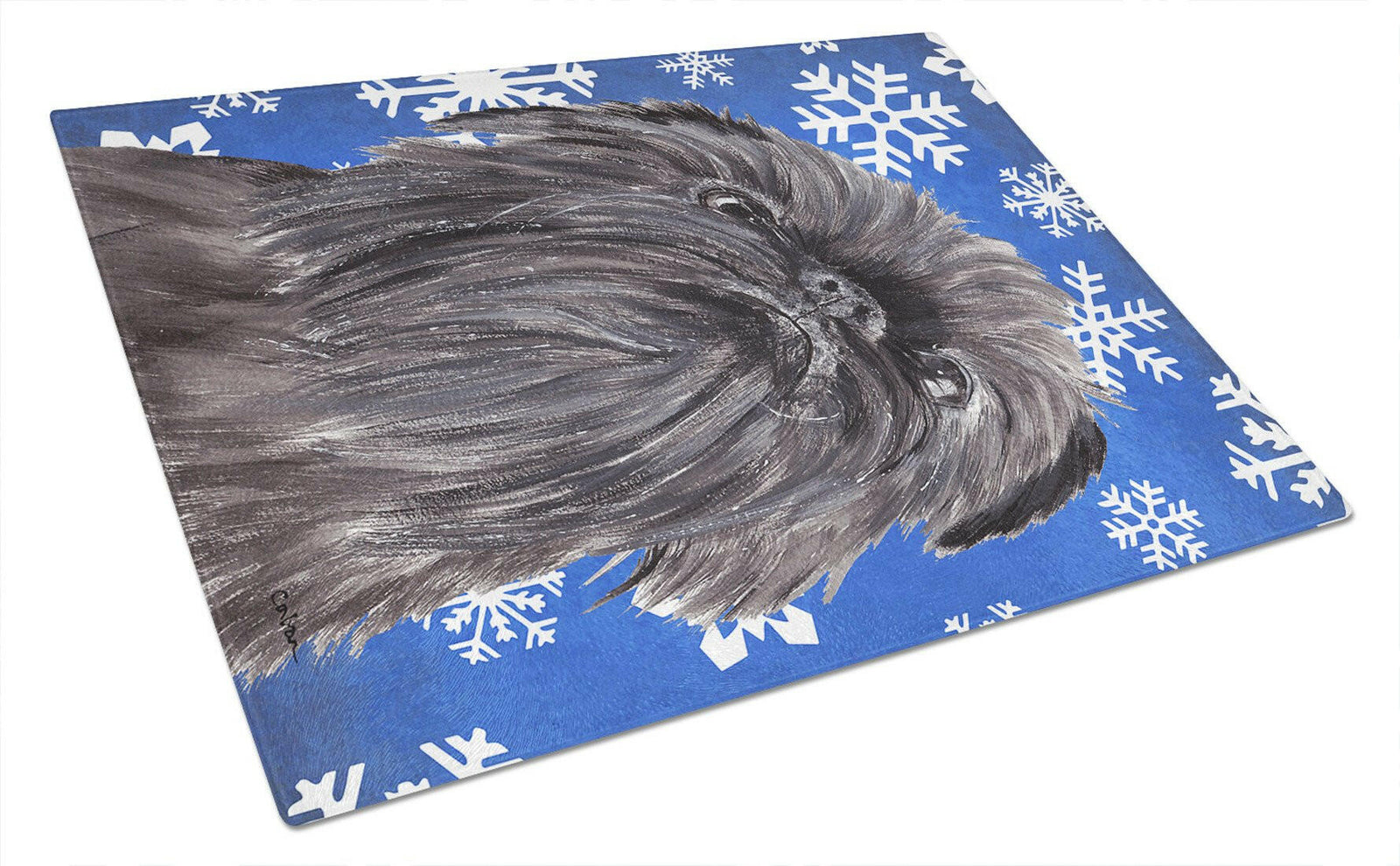 Brussels Griffon Blue Snowflake Winter Glass Cutting Board Large by Caroline's Treasures