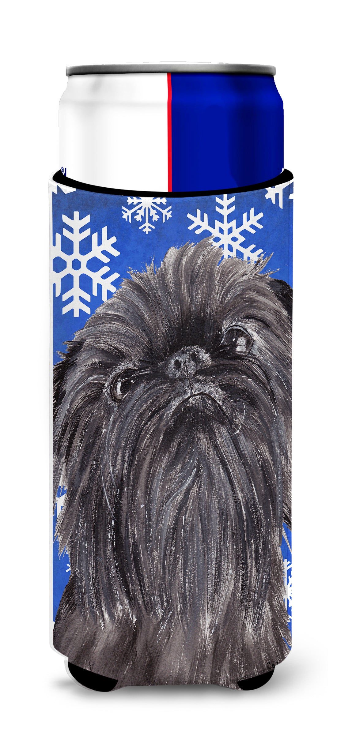 Brussels Griffon Blue Snowflake Winter Ultra Beverage Insulators for slim cans.