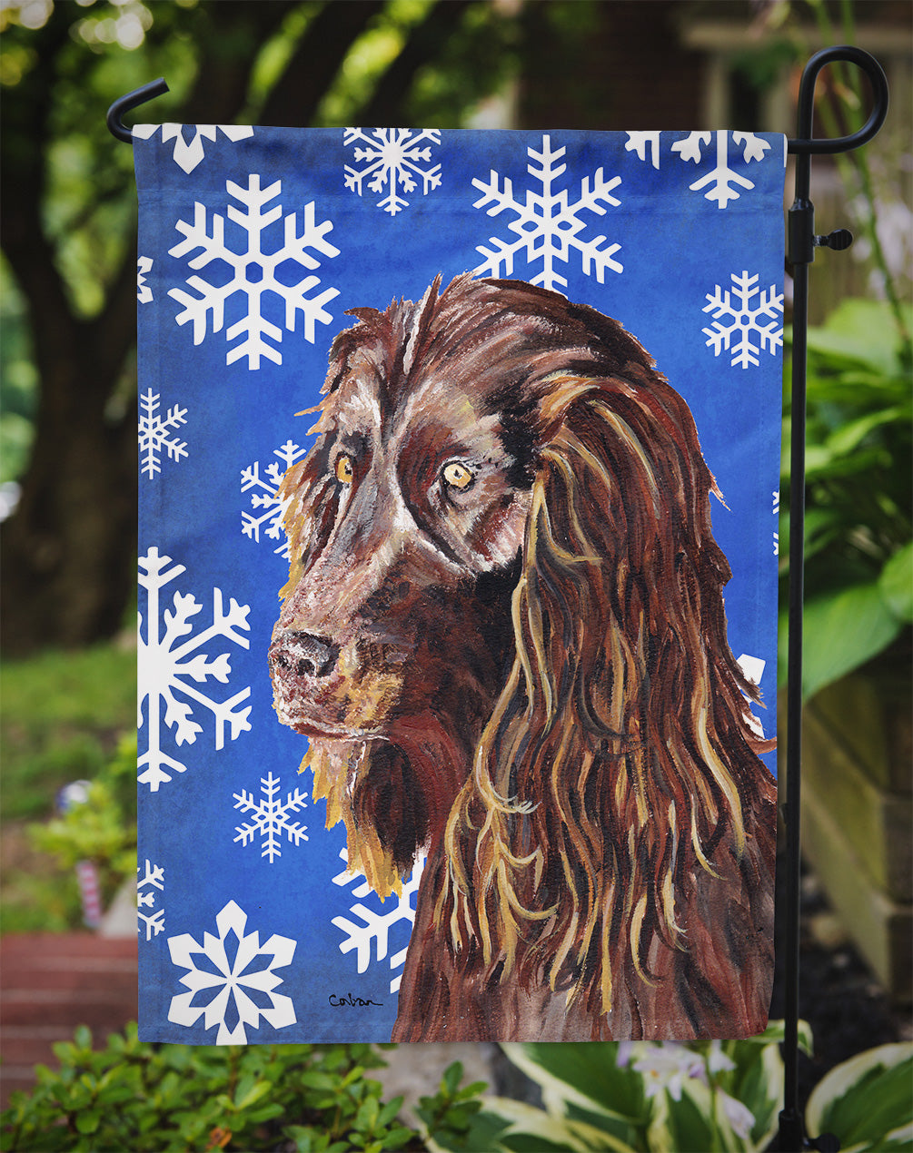 Boykin Spaniel Blue Snowflake Winter Flag Garden Size.