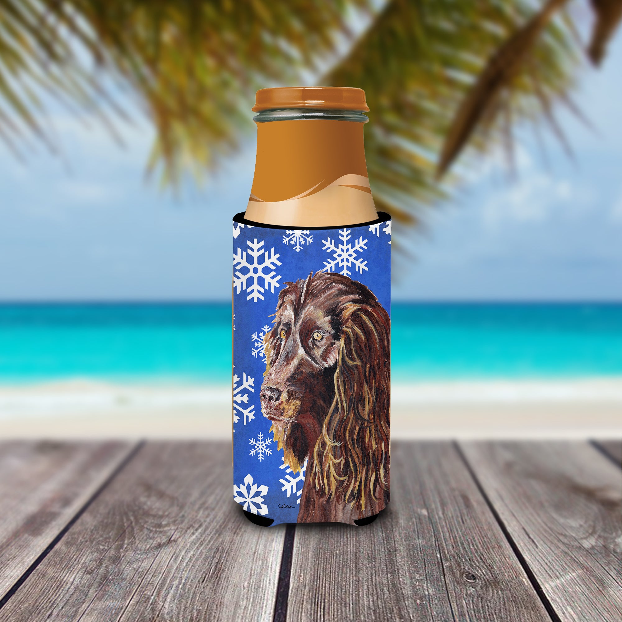 Boykin Spaniel Blue Snowflake Winter Ultra Beverage Insulators for slim cans.