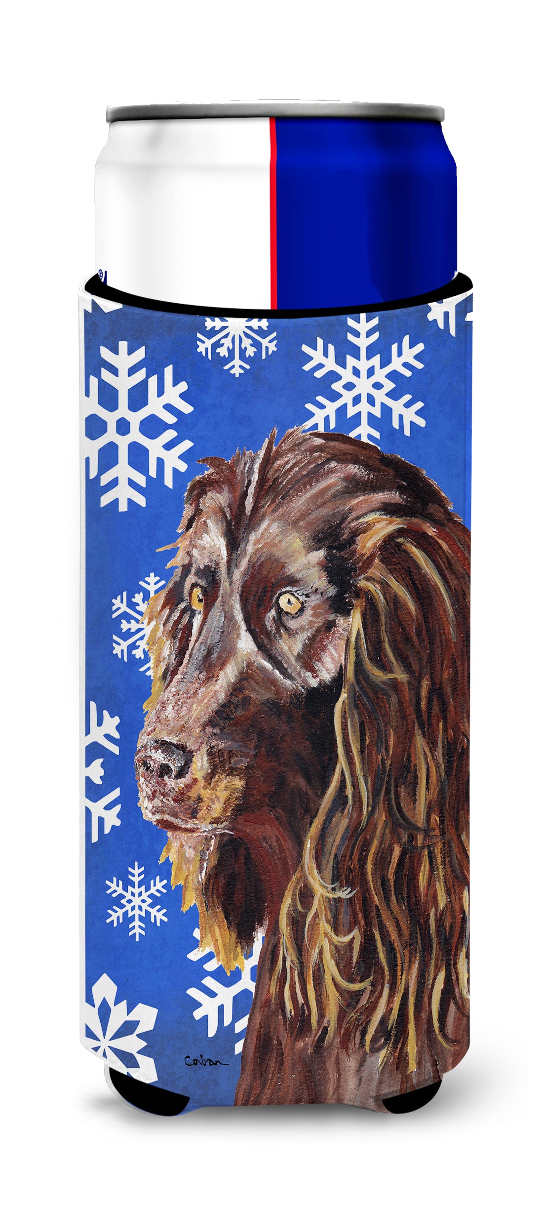 Boykin Spaniel Blue Snowflake Winter Ultra Beverage Insulators for slim cans.