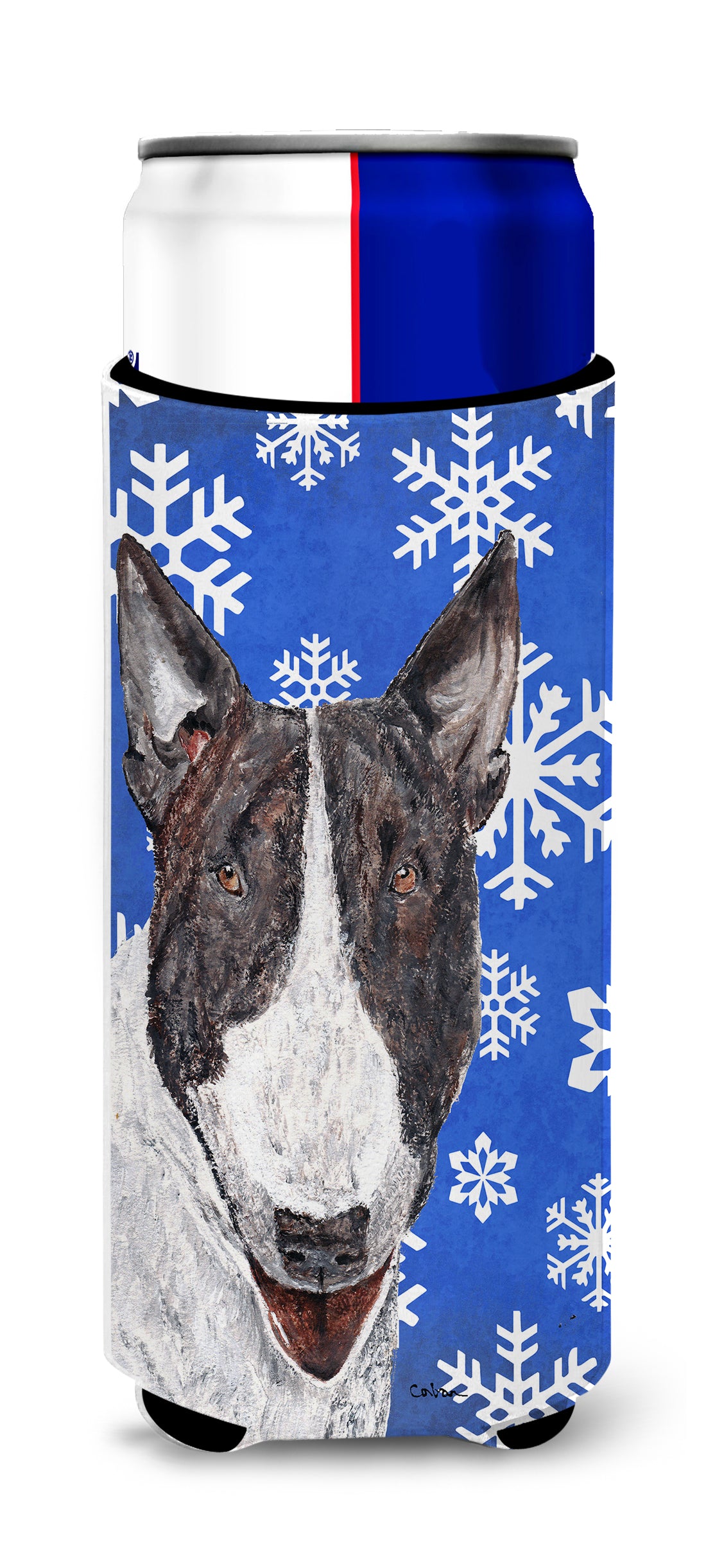 Bull Terrier Blue Snowflake Winter Ultra Beverage Insulators for slim cans.