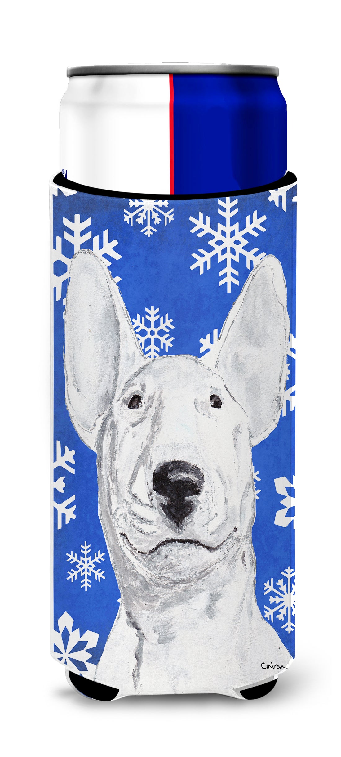 Bull Terrier Blue Snowflake Winter Ultra Beverage Insulators for slim cans.