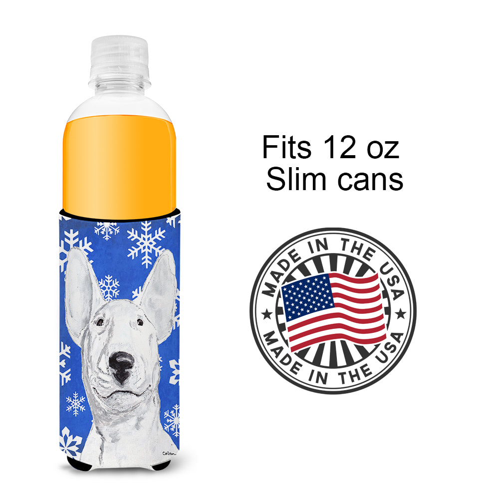 Bull Terrier Blue Snowflake Winter Ultra Beverage Insulators for slim cans.