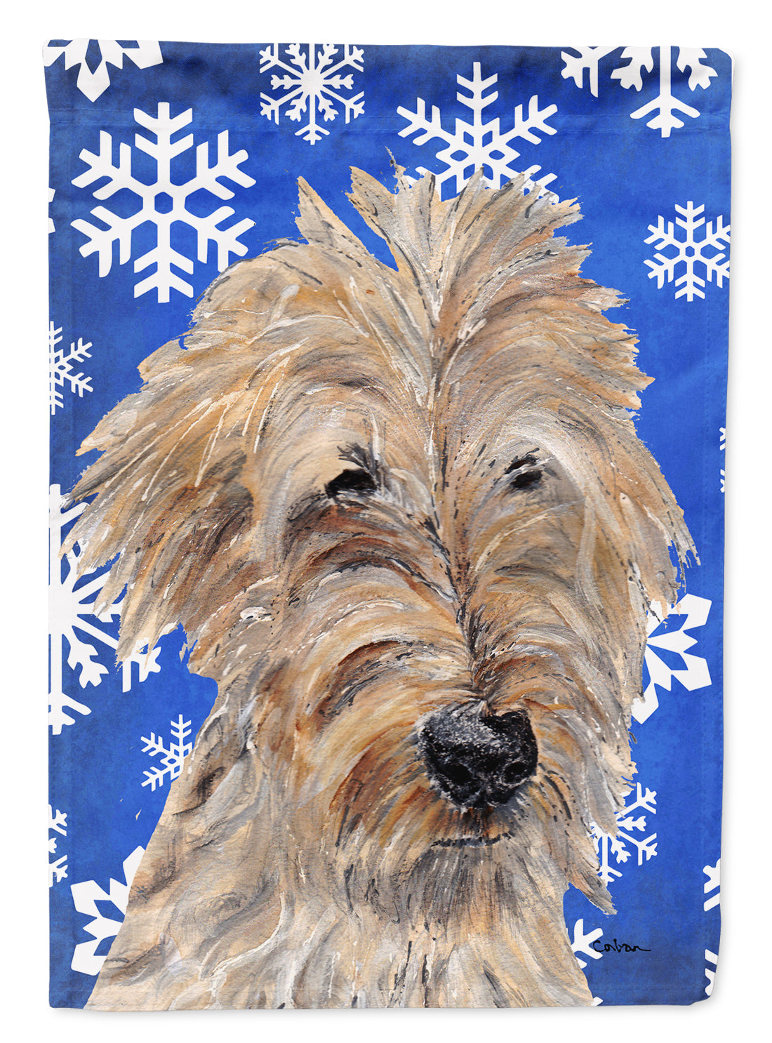 Goldendoodle Blue Snowflake Winter Flag Garden Size.