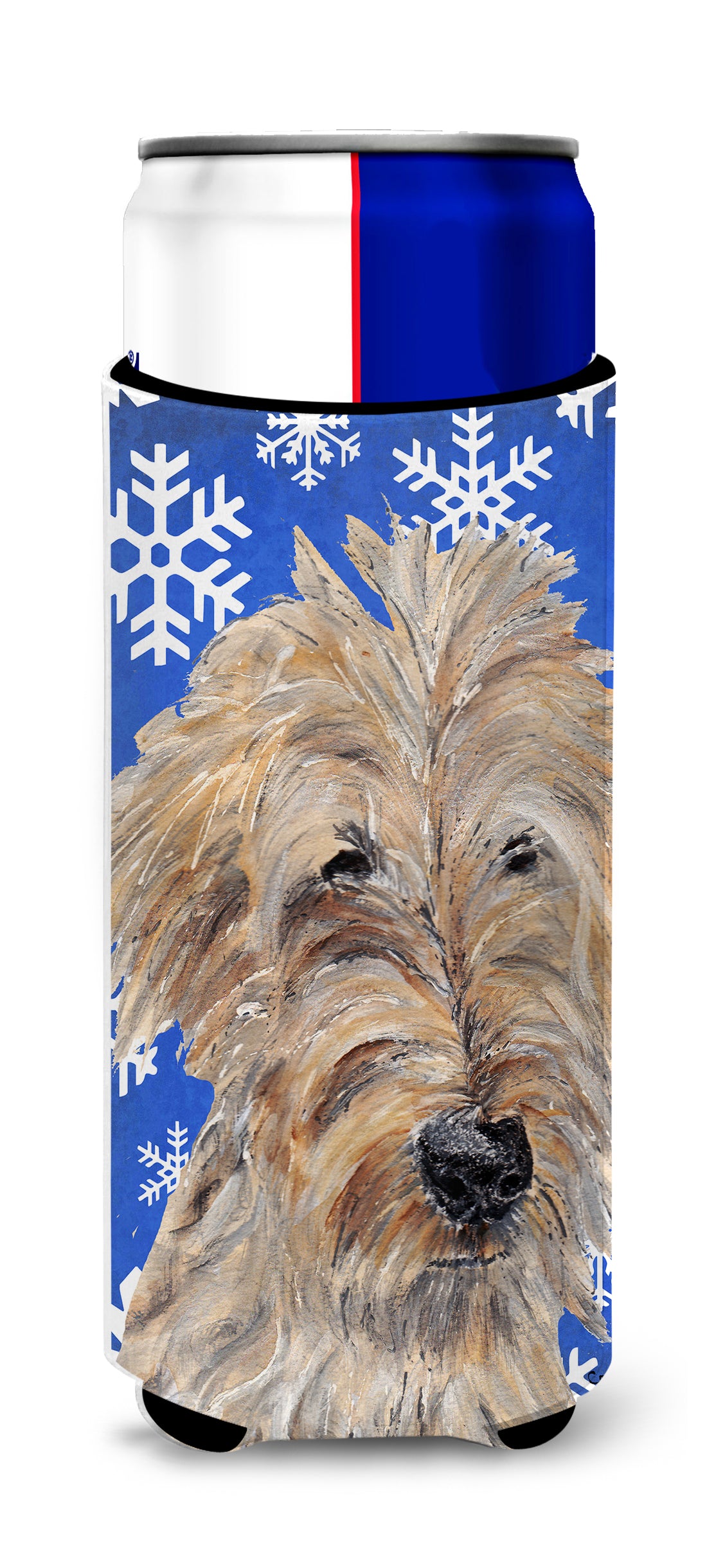 Goldendoodle Blue Snowflake Winter Ultra Beverage Insulators for slim cans.