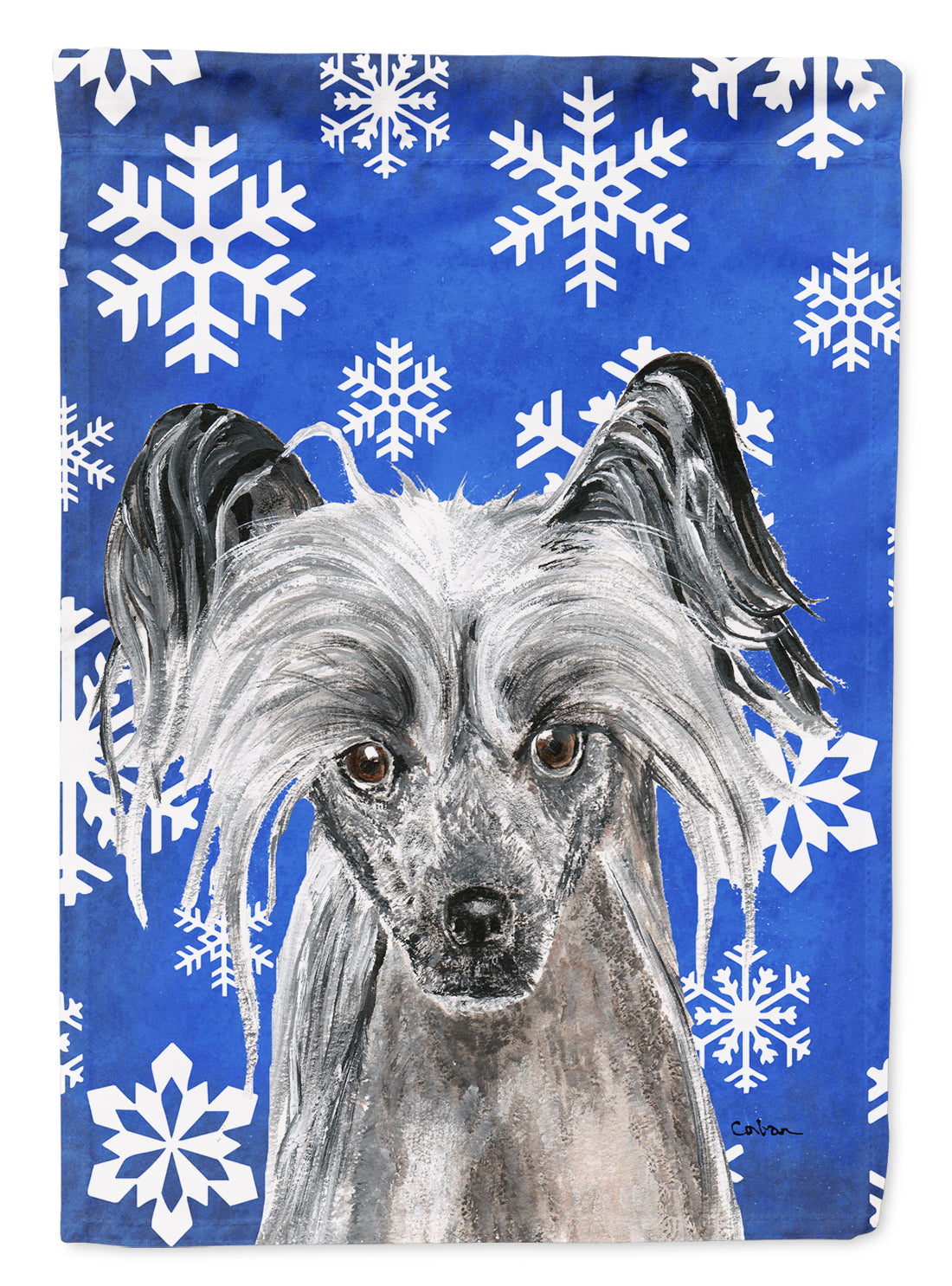 Chinese Crested Blue Snowflake Winter Flag Garden Size.