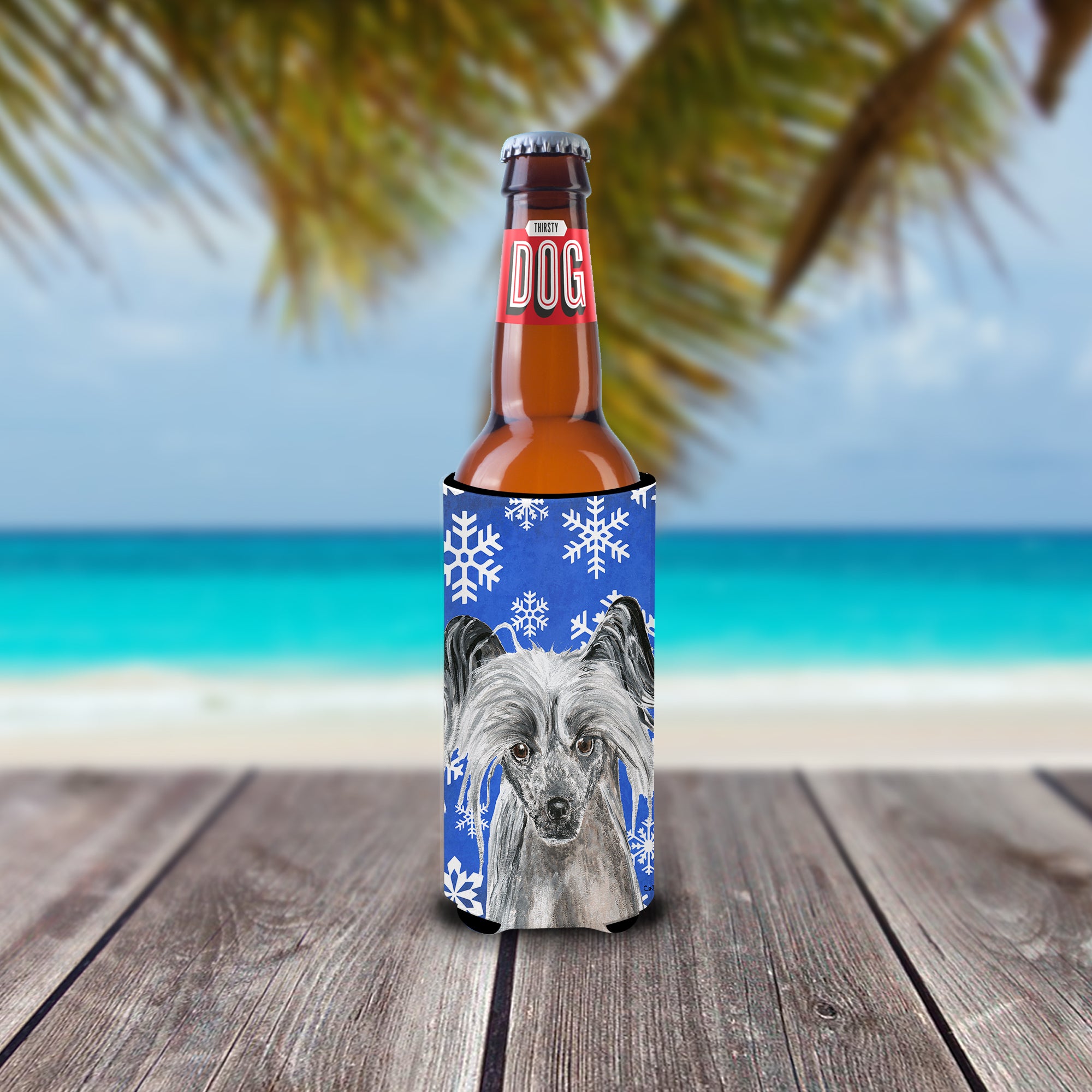 Chinese Crested Blue Snowflake Winter Ultra Beverage Insulators for slim cans.