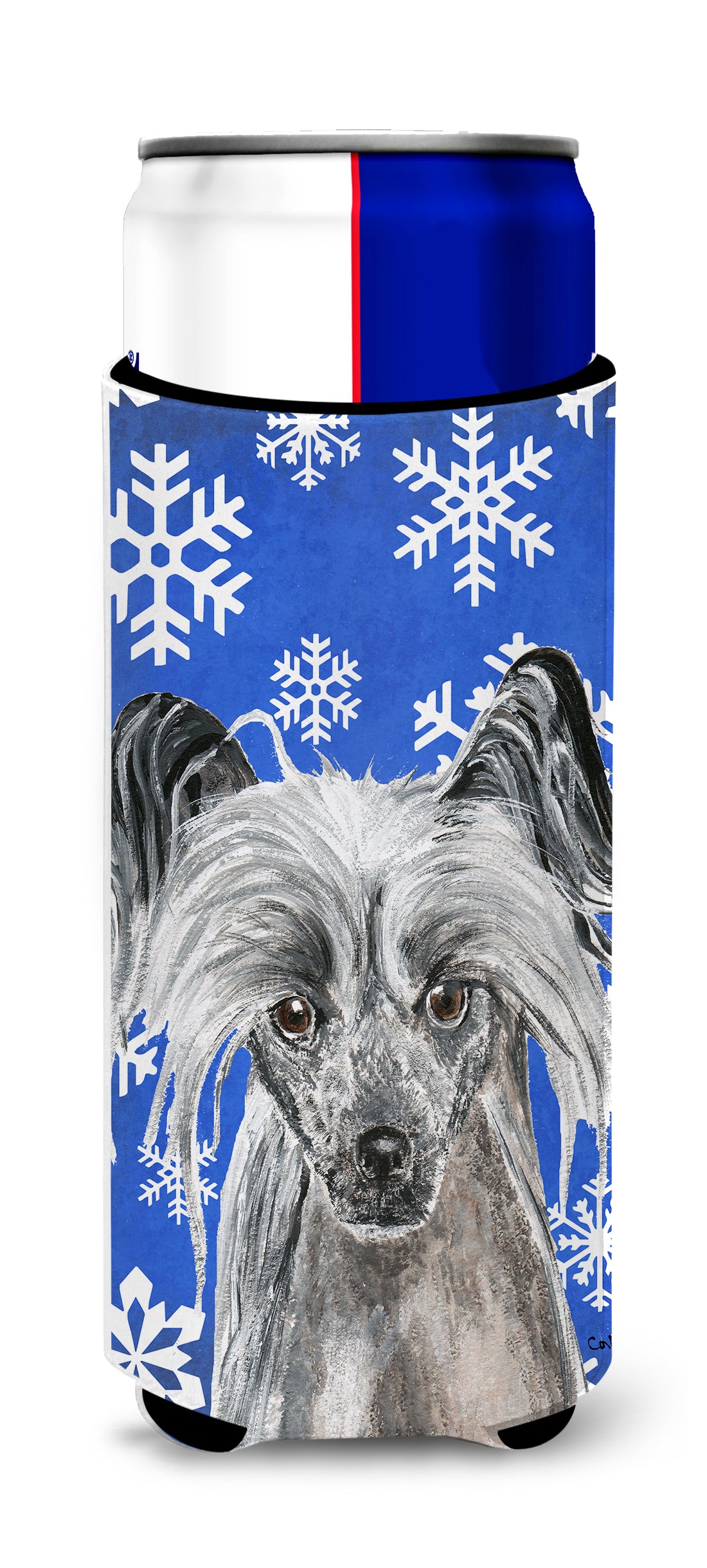 Chinese Crested Blue Snowflake Winter Ultra Beverage Insulators for slim cans.