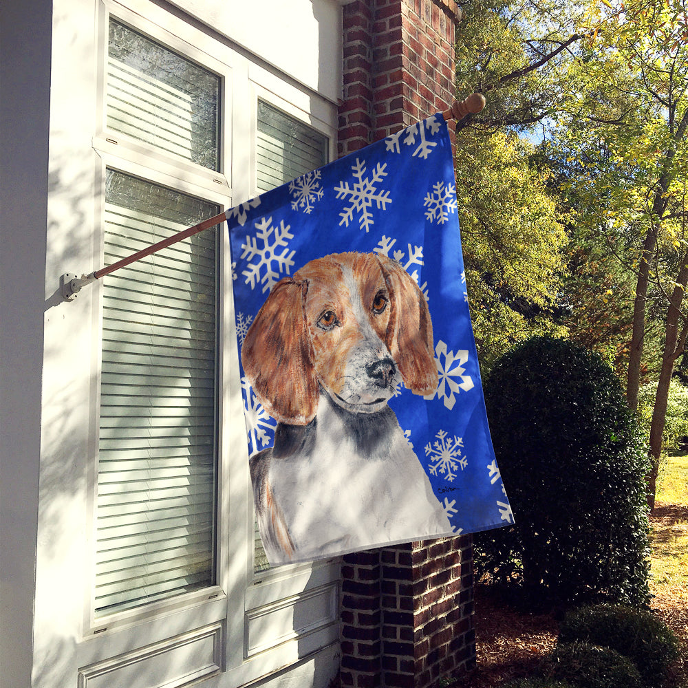 English Foxhound Blue Snowflake Winter Flag Canvas House Size  the-store.com.