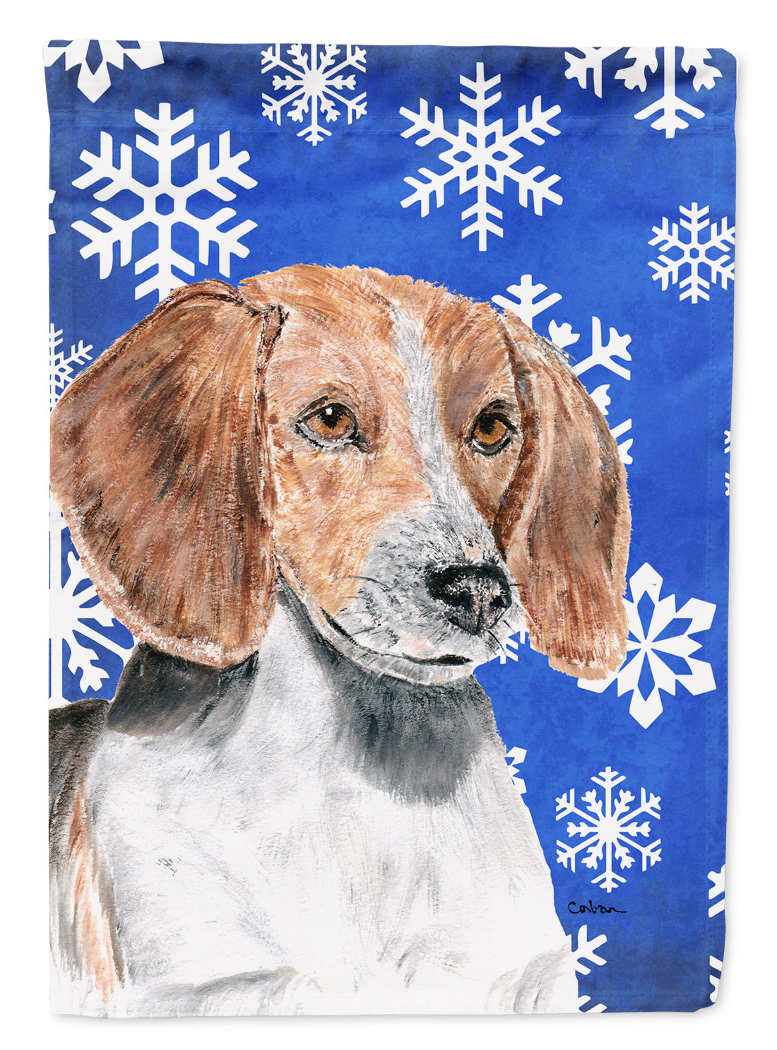 English Foxhound Blue Snowflake Winter Flag Garden Size.