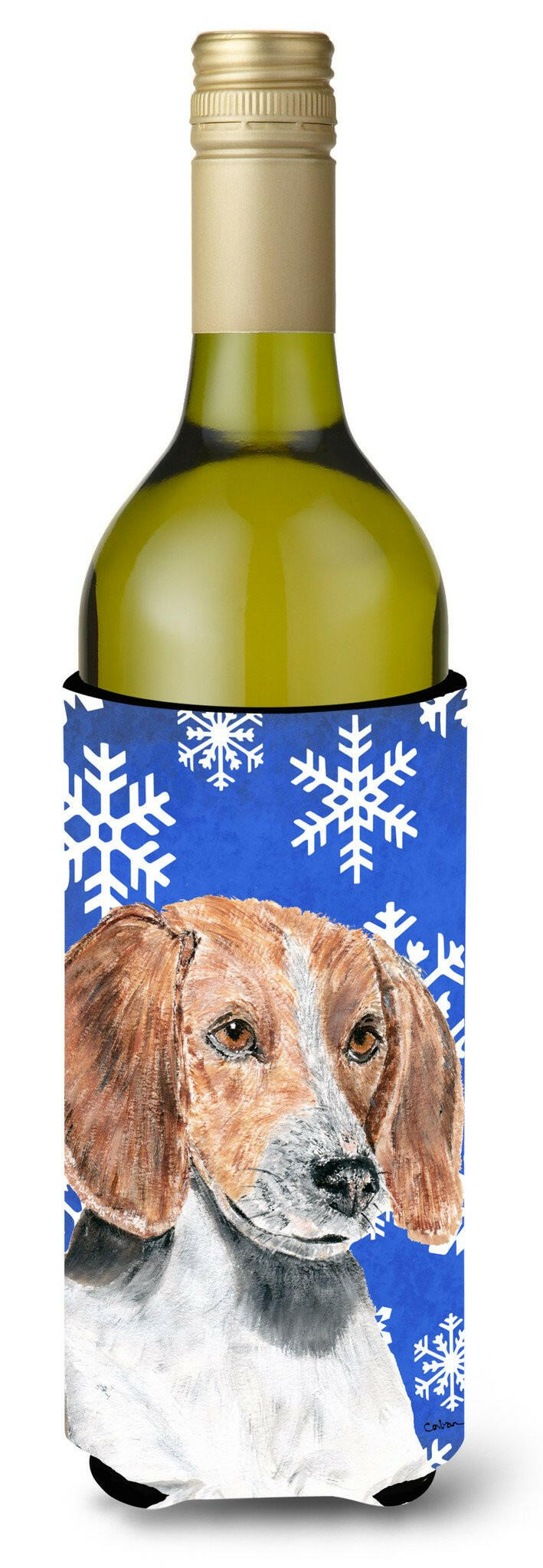 English Foxhound Blue Snowflake Winter Wine Bottle Beverage Insulator Beverage Insulator Hugger by Caroline's Treasures