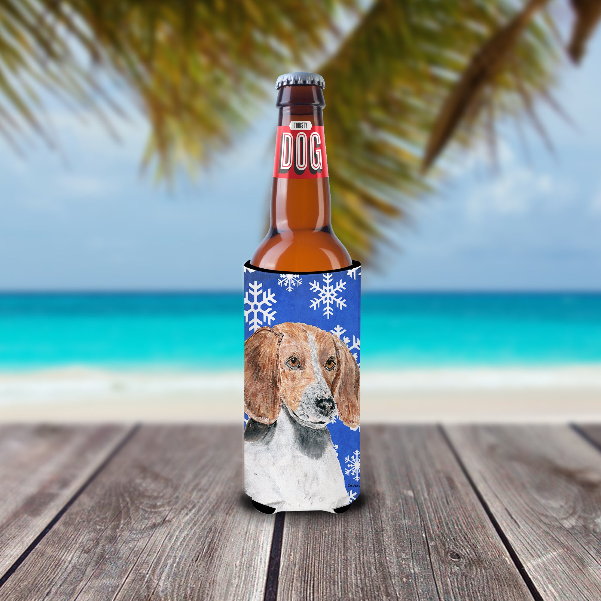 English Foxhound Blue Snowflake Winter Ultra Beverage Insulators for slim cans.