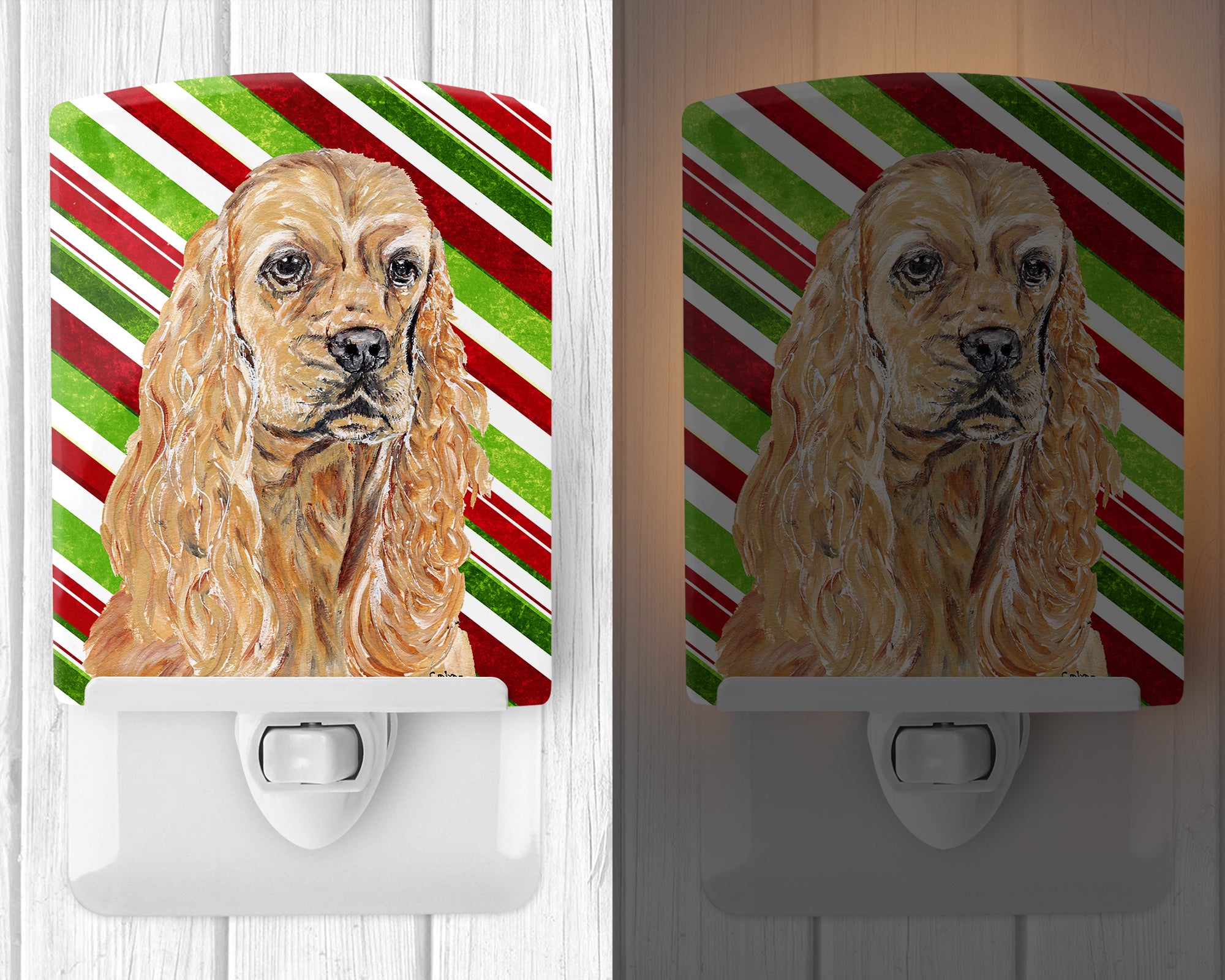 Buff Cocker Spaniel Candy Cane Christmas Ceramic Night Light SC9612CNL - the-store.com