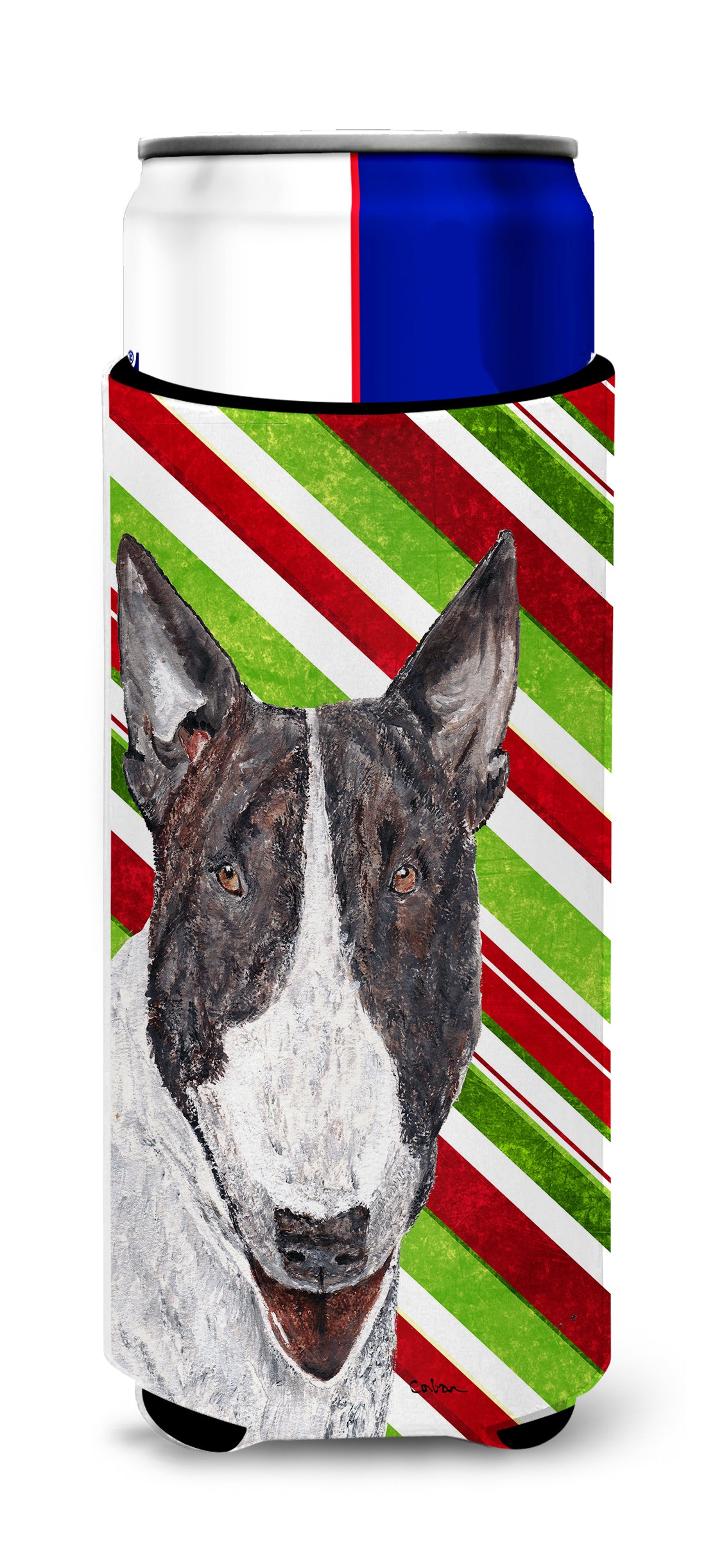 Bull Terrier Candy Cane Christmas Ultra Beverage Insulators for slim cans.