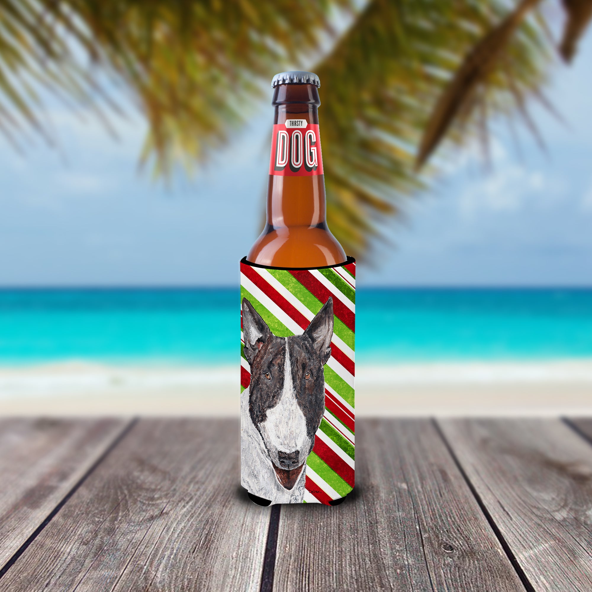 Bull Terrier Candy Cane Christmas Ultra Beverage Insulators for slim cans.