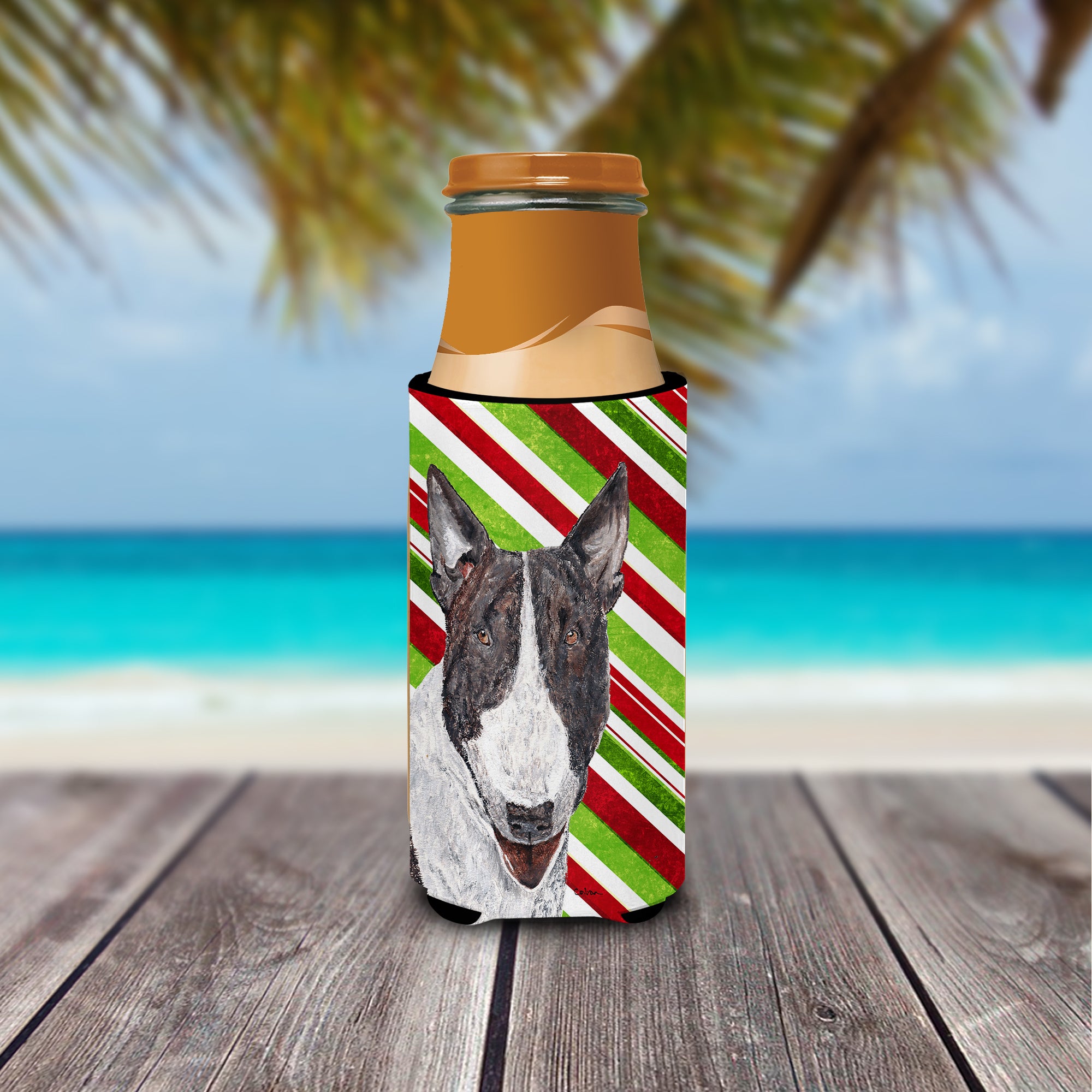 Bull Terrier Candy Cane Christmas Ultra Beverage Insulators for slim cans.