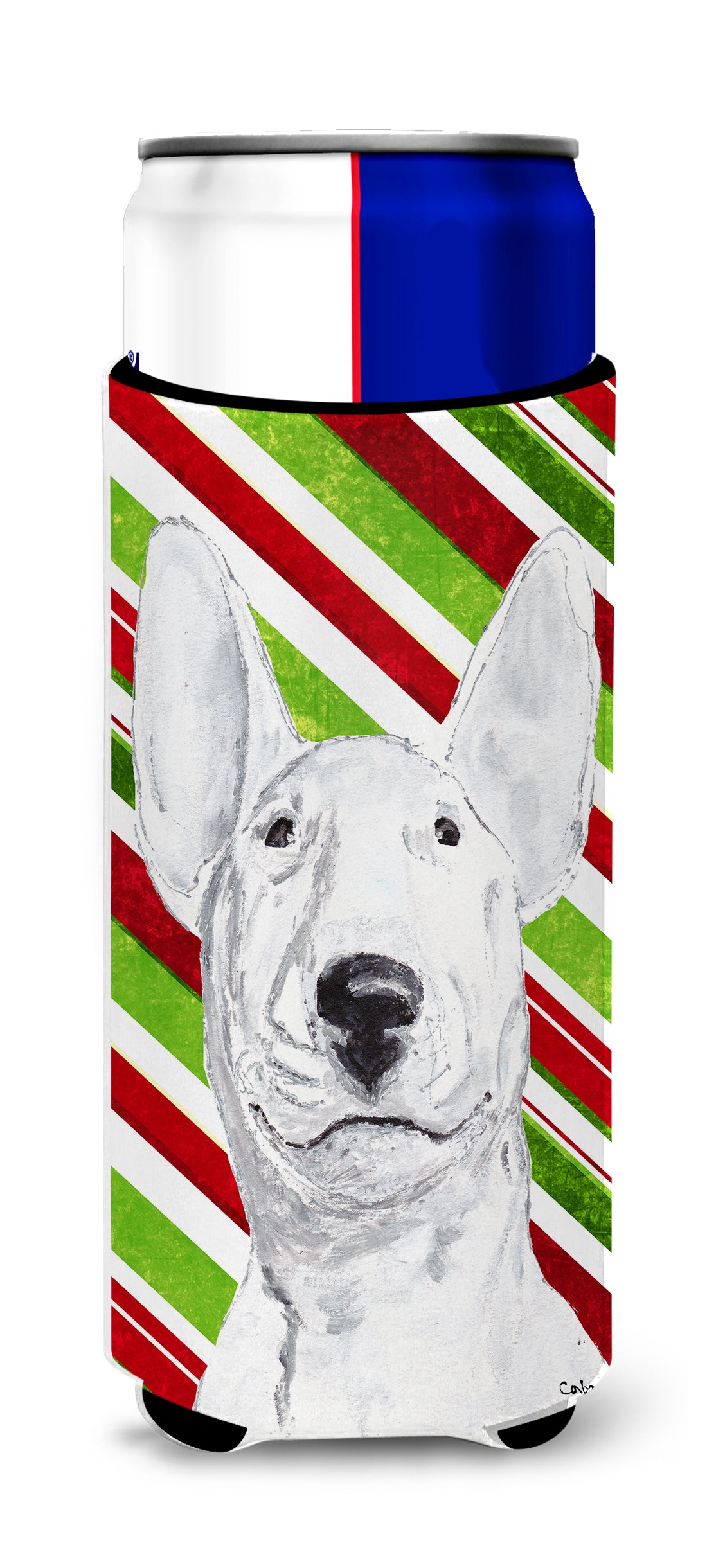 Bull Terrier Candy Cane Christmas Ultra Beverage Insulators for slim cans.