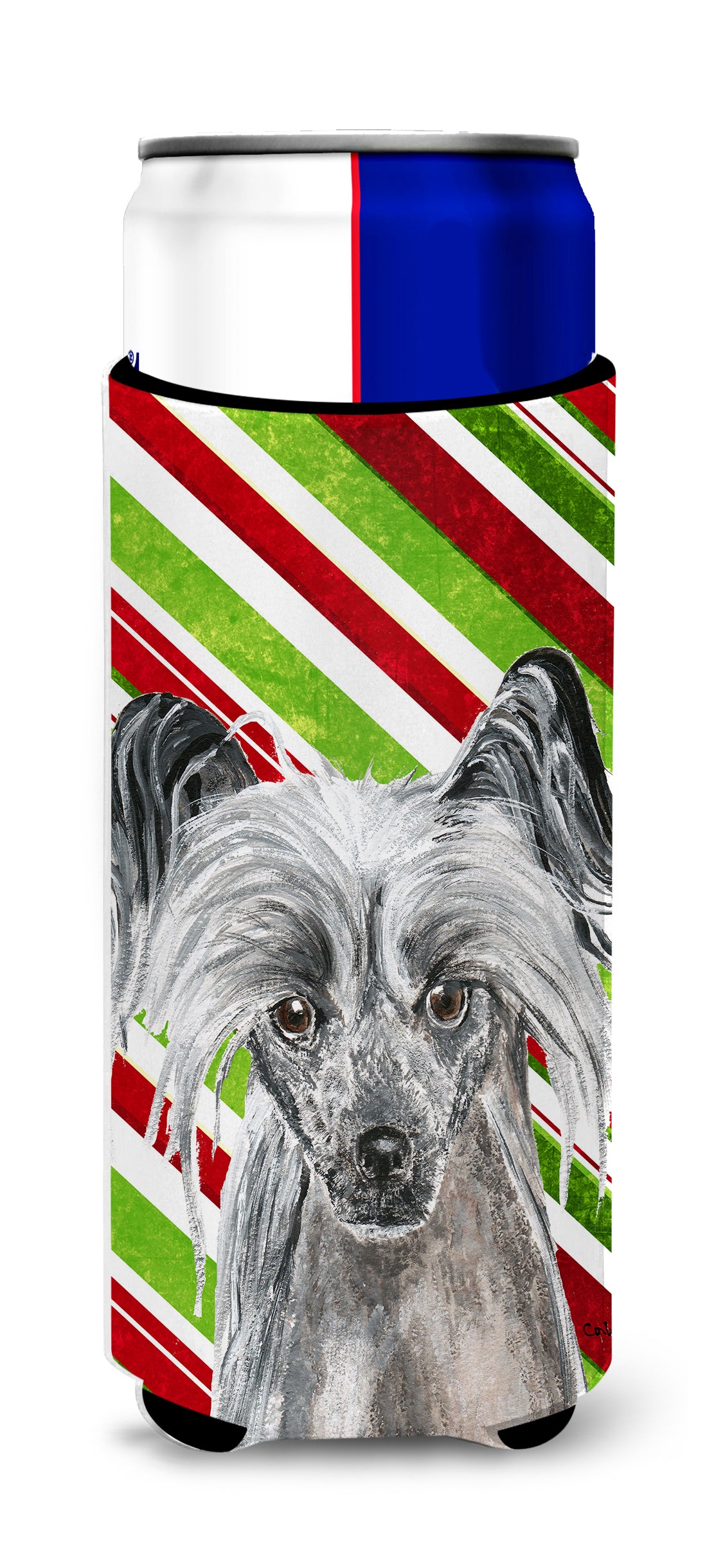 Chinese Crested Candy Cane Christmas Ultra Beverage Insulators for slim cans.