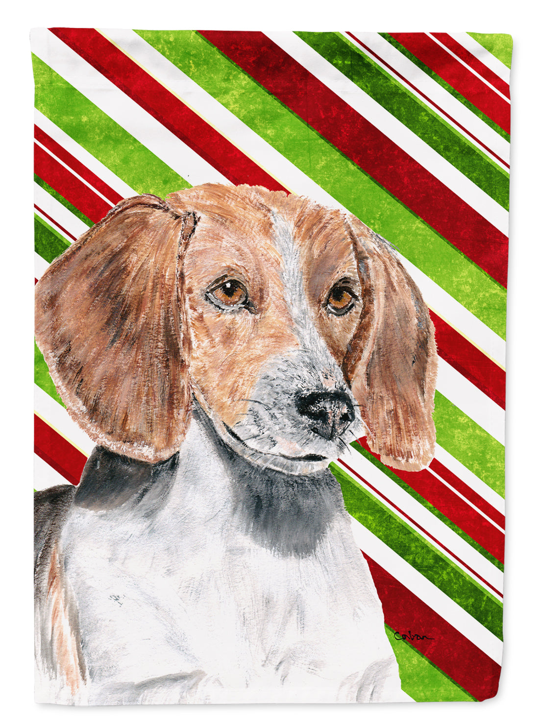 English Foxhound Candy Cane Christmas Flag Garden Size.