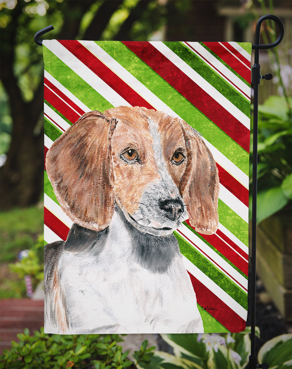 English Foxhound Candy Cane Christmas Flag Garden Size.