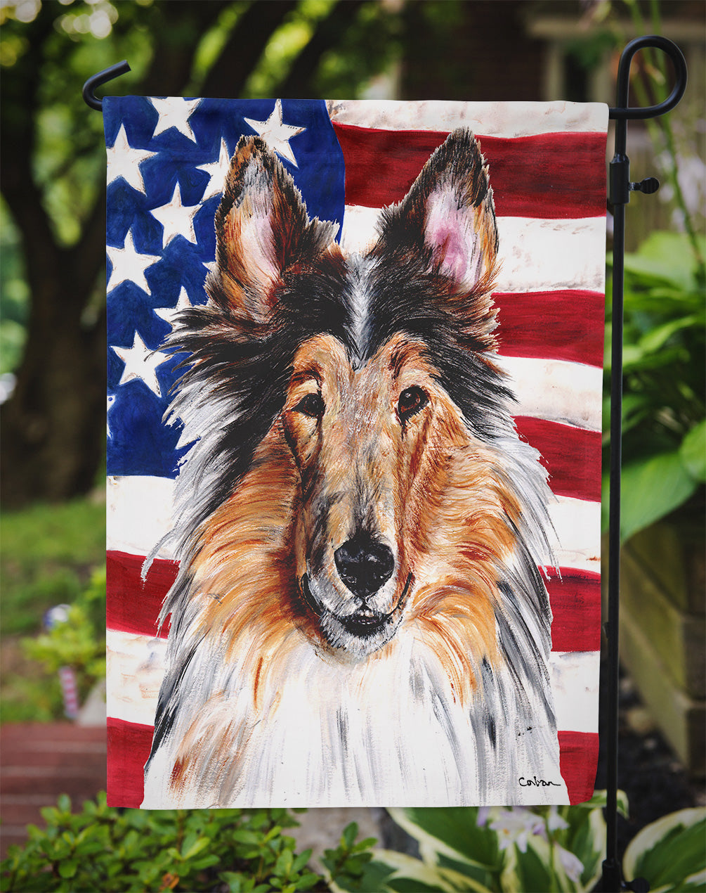 Collie with American Flag USA Flag Garden Size SC9622GF.