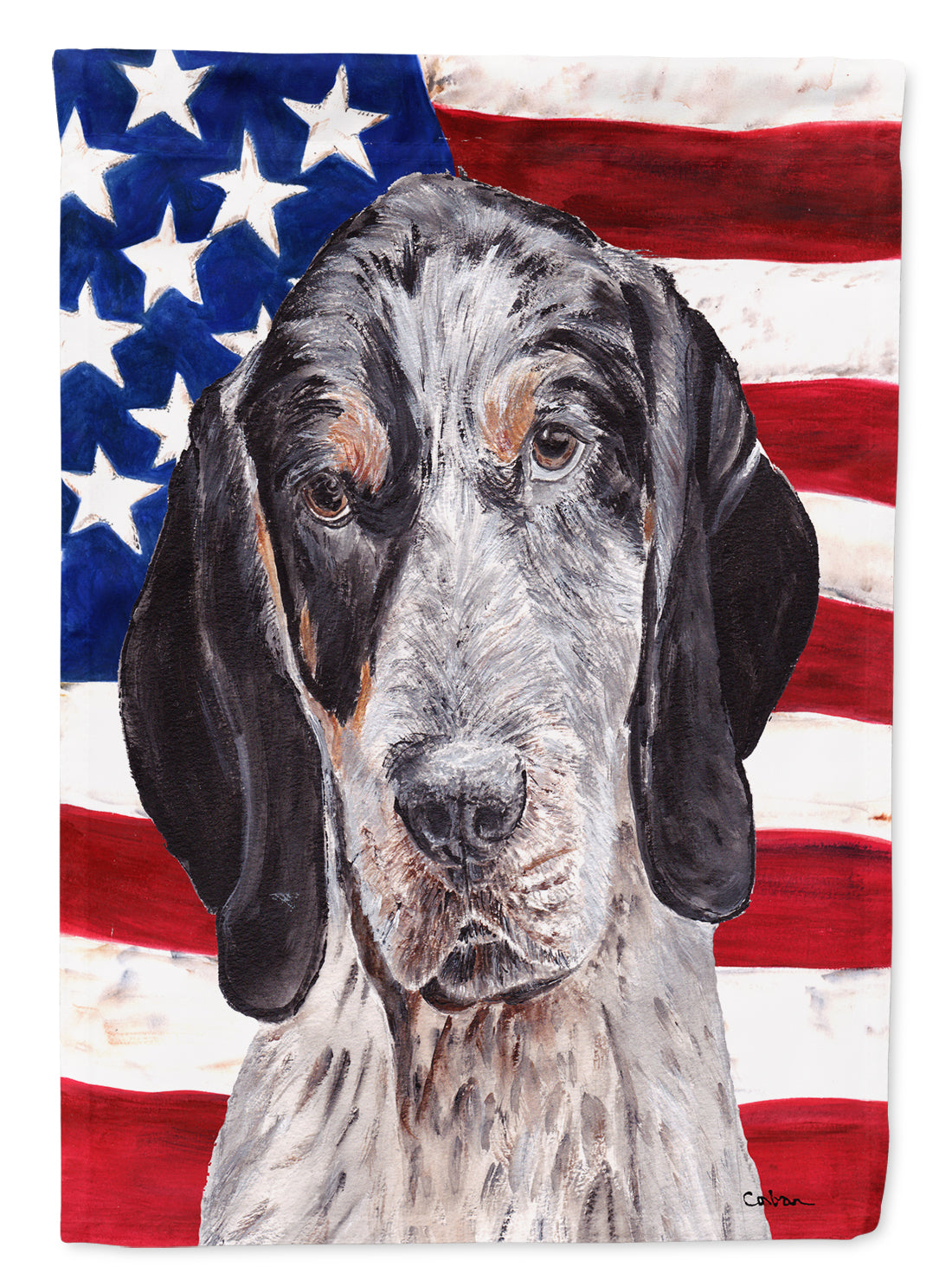 Blue Tick Coonhound with American Flag USA Flag Canvas House Size SC9625CHF  the-store.com.