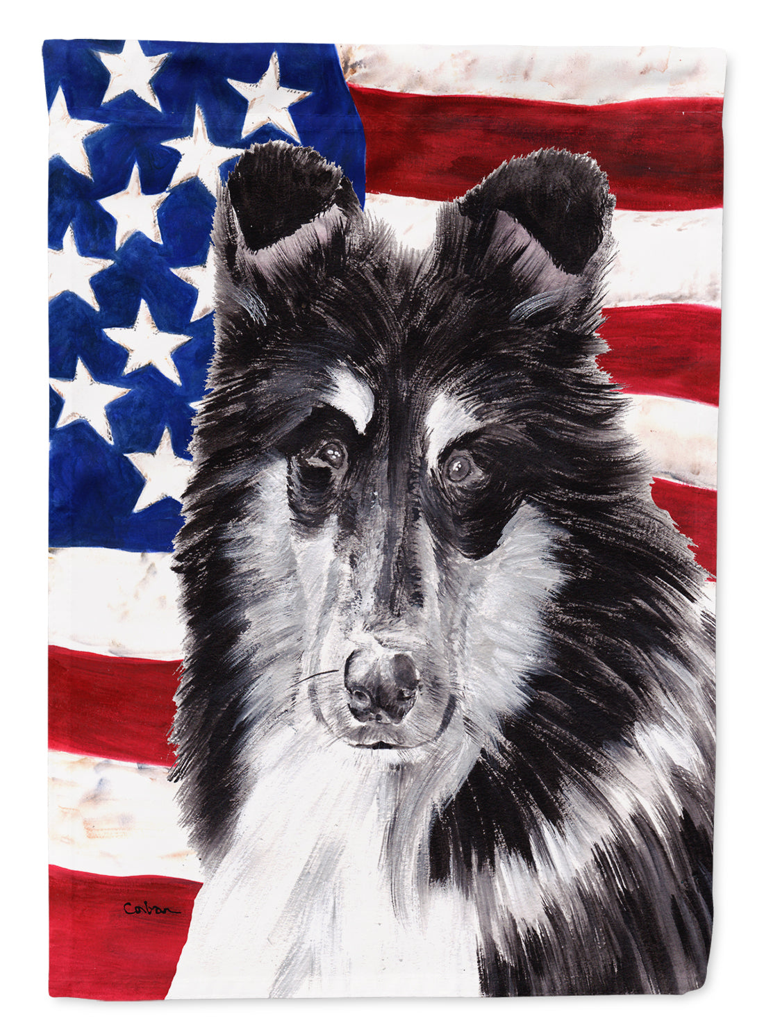 Black and White Collie with American Flag USA Flag Canvas House Size SC9630CHF  the-store.com.