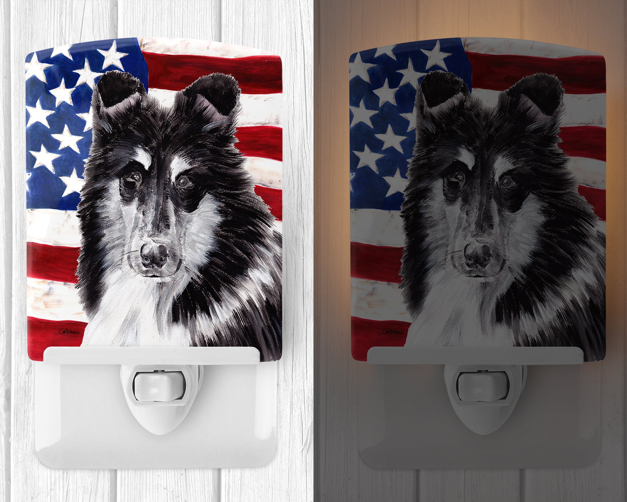 Black and White Collie with American Flag USA Ceramic Night Light SC9630CNL - the-store.com