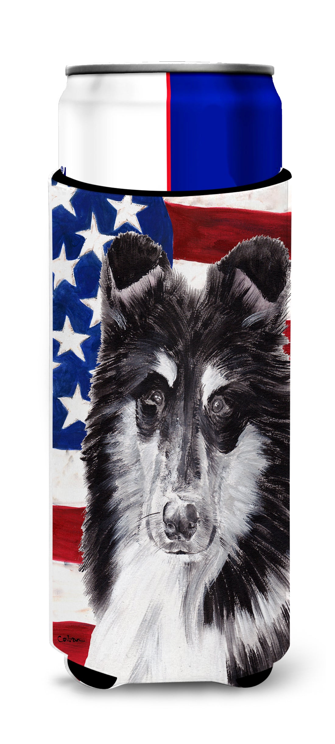 Black and White Collie with American Flag USA Ultra Beverage Insulators for slim cans SC9630MUK.