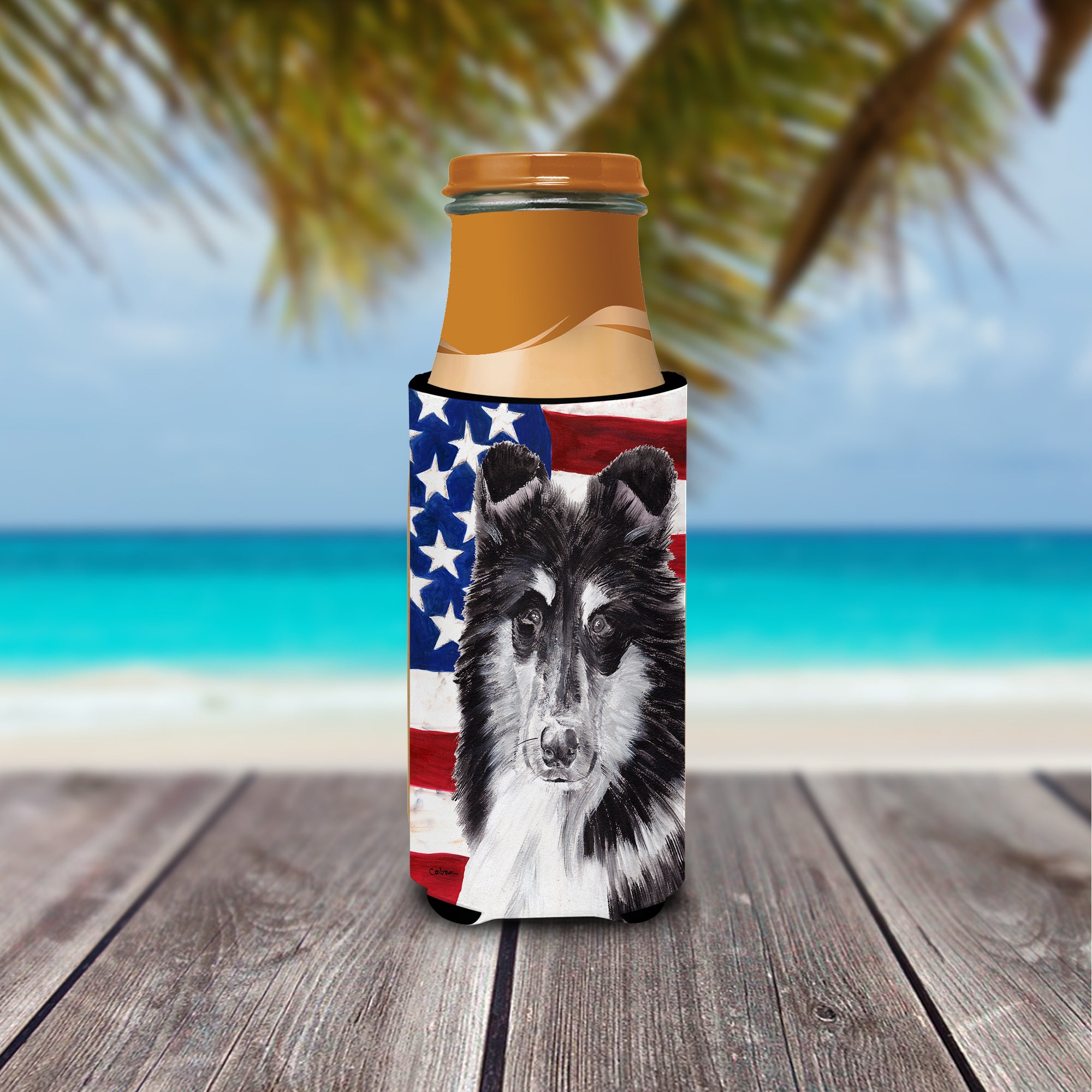 Black and White Collie with American Flag USA Ultra Beverage Insulators for slim cans SC9630MUK.