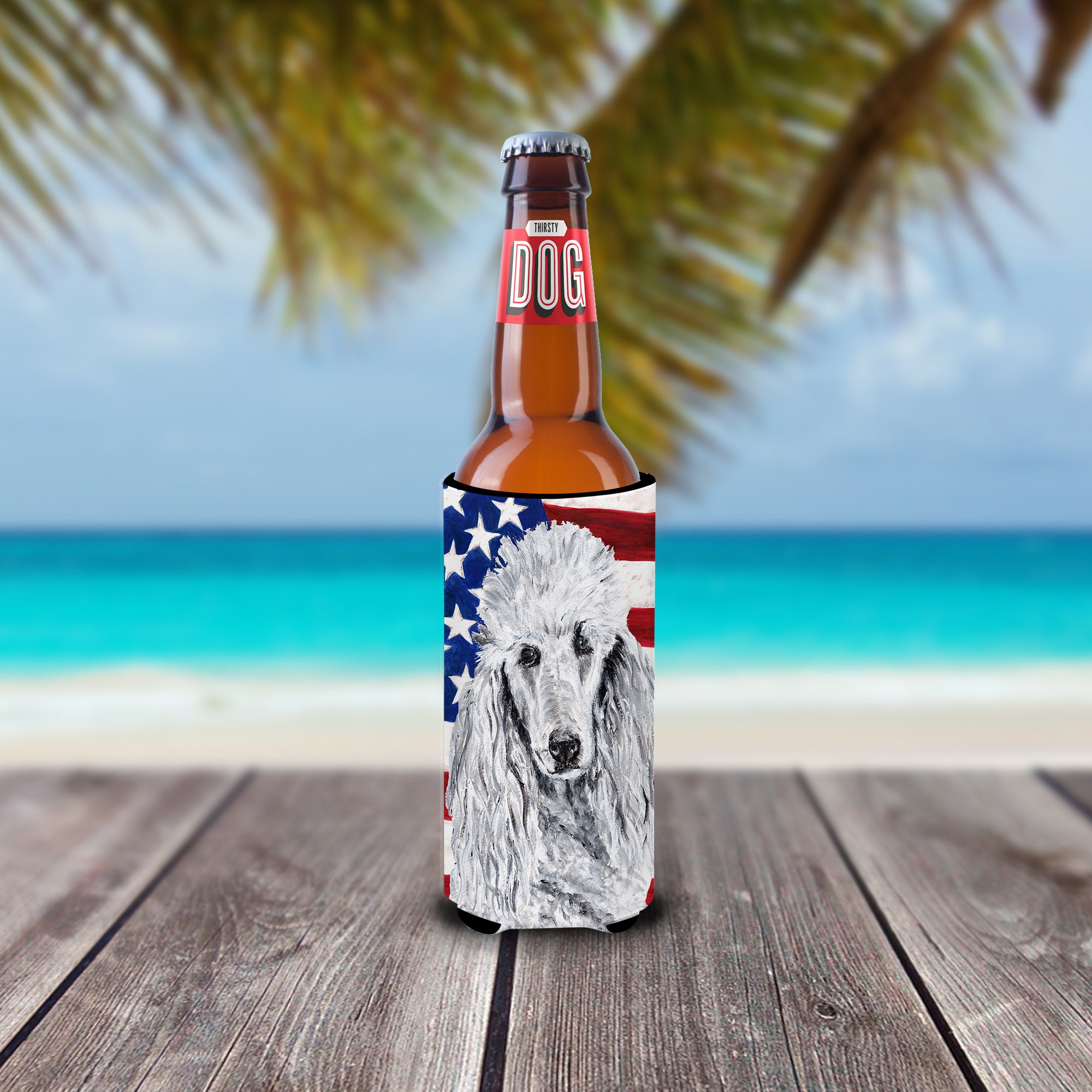 White Standard Poodle with American Flag USA Ultra Beverage Insulators for slim cans SC9631MUK.