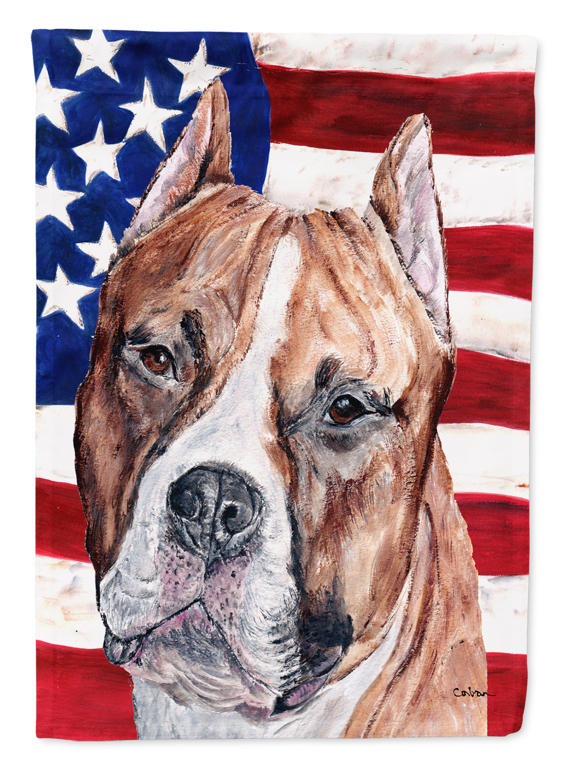 Staffordshire Bull Terrier Staffie with American Flag USA Flag Canvas House Size SC9632CHF  the-store.com.