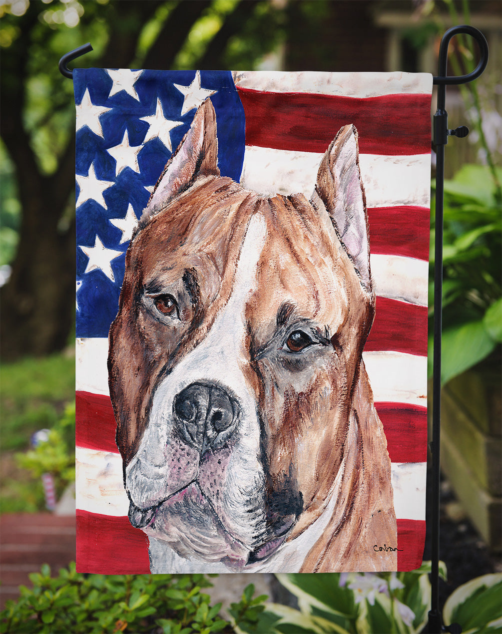 Staffordshire Bull Terrier Staffie with American Flag USA Flag Garden Size SC9632GF.