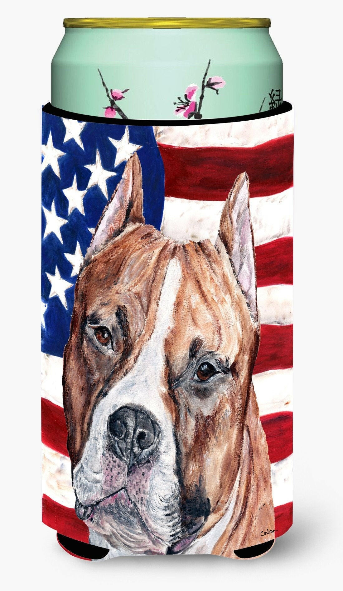 Staffordshire Bull Terrier Staffie with American Flag USA Tall Boy Beverage Insulator Hugger SC9632TBC by Caroline&#39;s Treasures