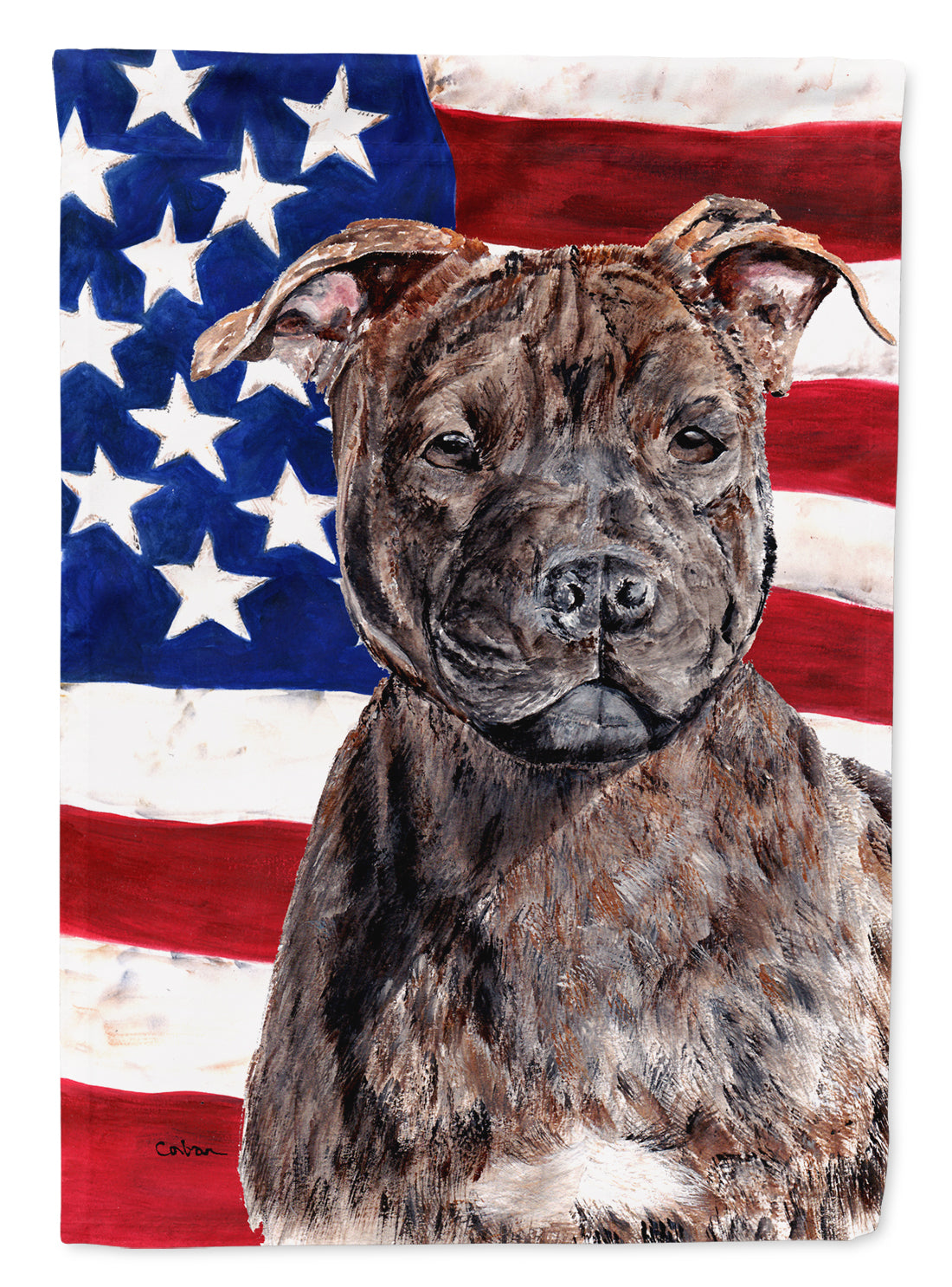 Staffordshire Bull Terrier Staffie with American Flag USA Flag Canvas House Size SC9633CHF  the-store.com.