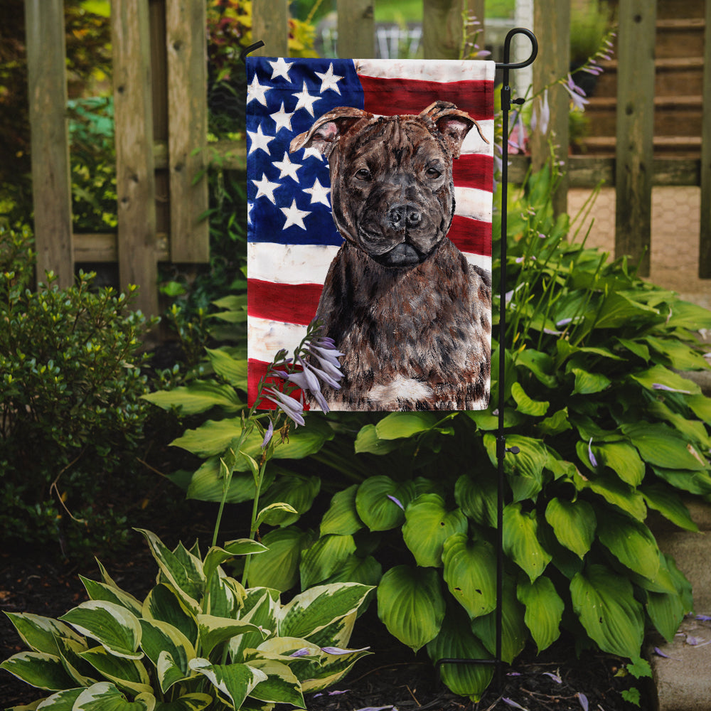 Staffordshire Bull Terrier Staffie with American Flag USA Flag Garden Size SC9633GF.