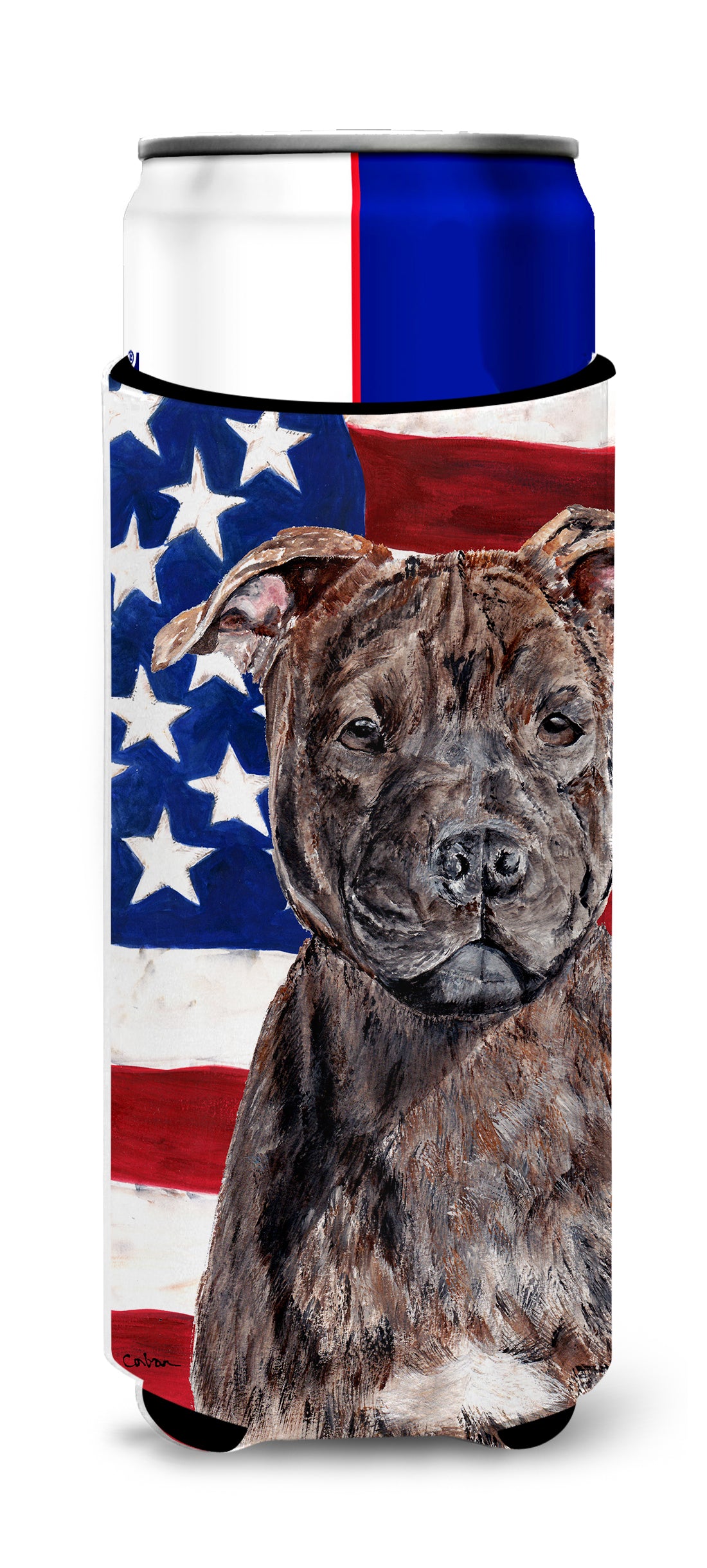 Staffordshire Bull Terrier Staffie with American Flag USA Ultra Beverage Insulators for slim cans SC9633MUK.