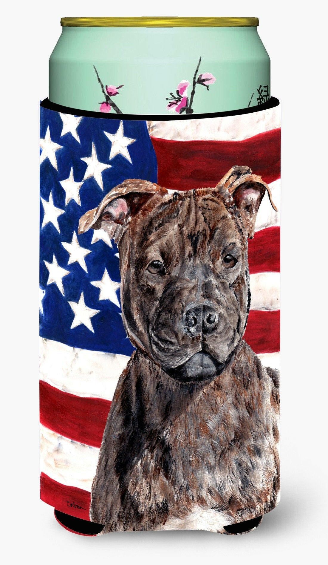 Staffordshire Bull Terrier Staffie with American Flag USA Tall Boy Beverage Insulator Hugger SC9633TBC by Caroline&#39;s Treasures