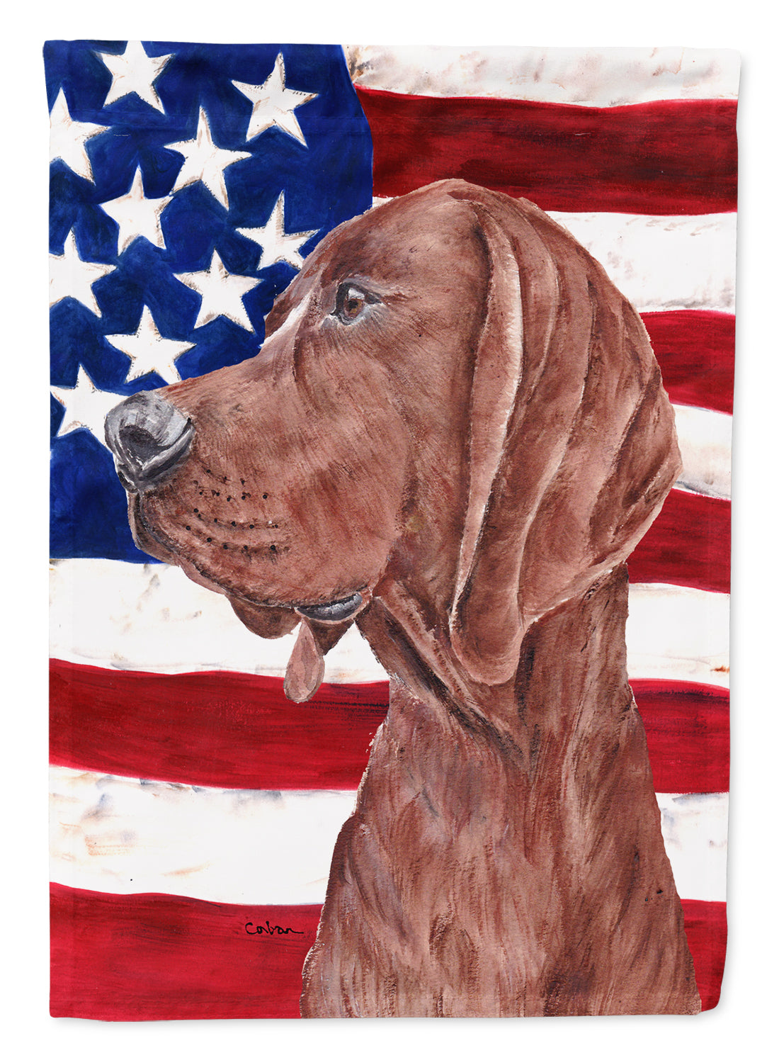 Redbone Coonhound with American Flag USA Flag Canvas House Size SC9635CHF  the-store.com.