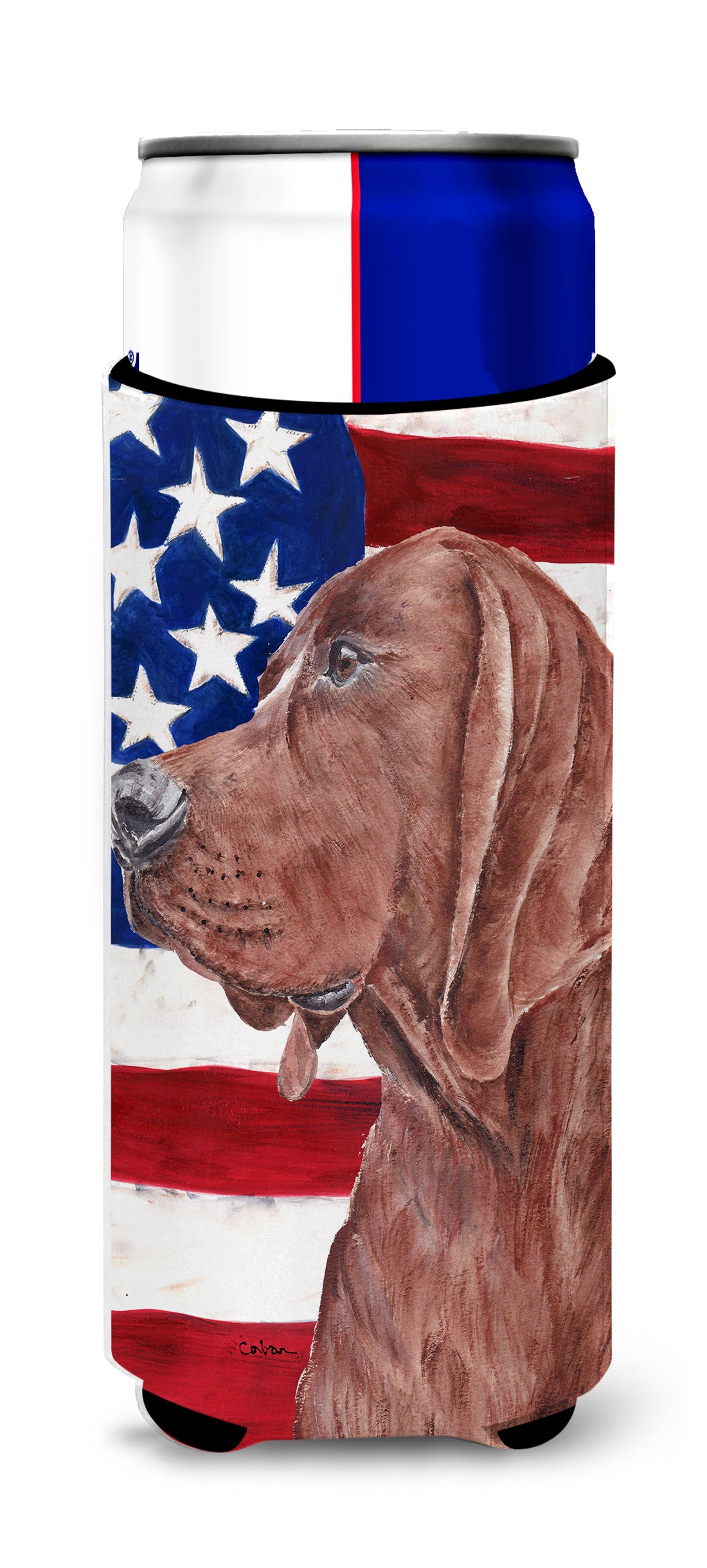 Redbone Coonhound with American Flag USA Ultra Beverage Insulators for slim cans SC9635MUK.