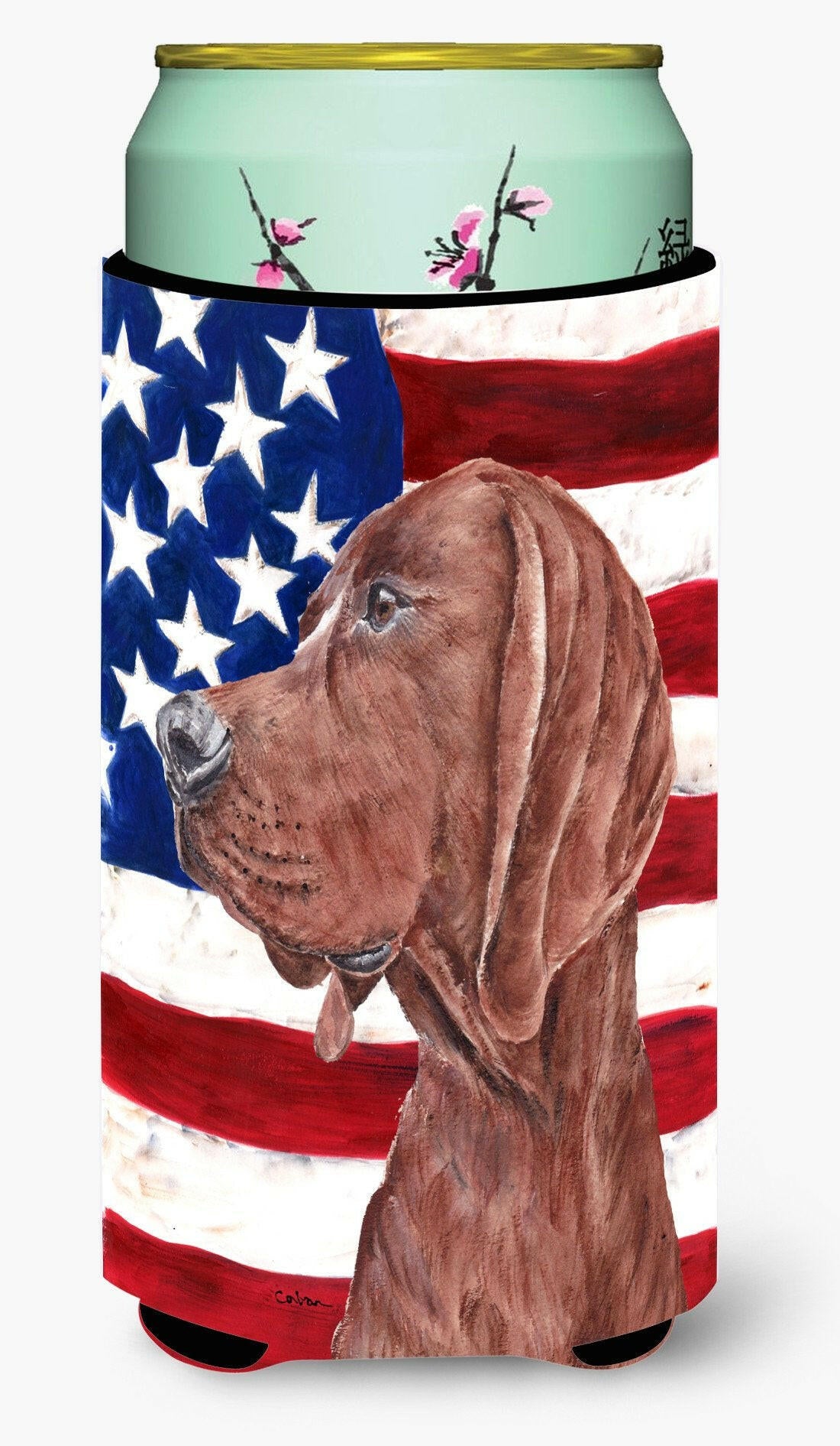 Redbone Coonhound with American Flag USA Tall Boy Beverage Insulator Hugger SC9635TBC by Caroline's Treasures