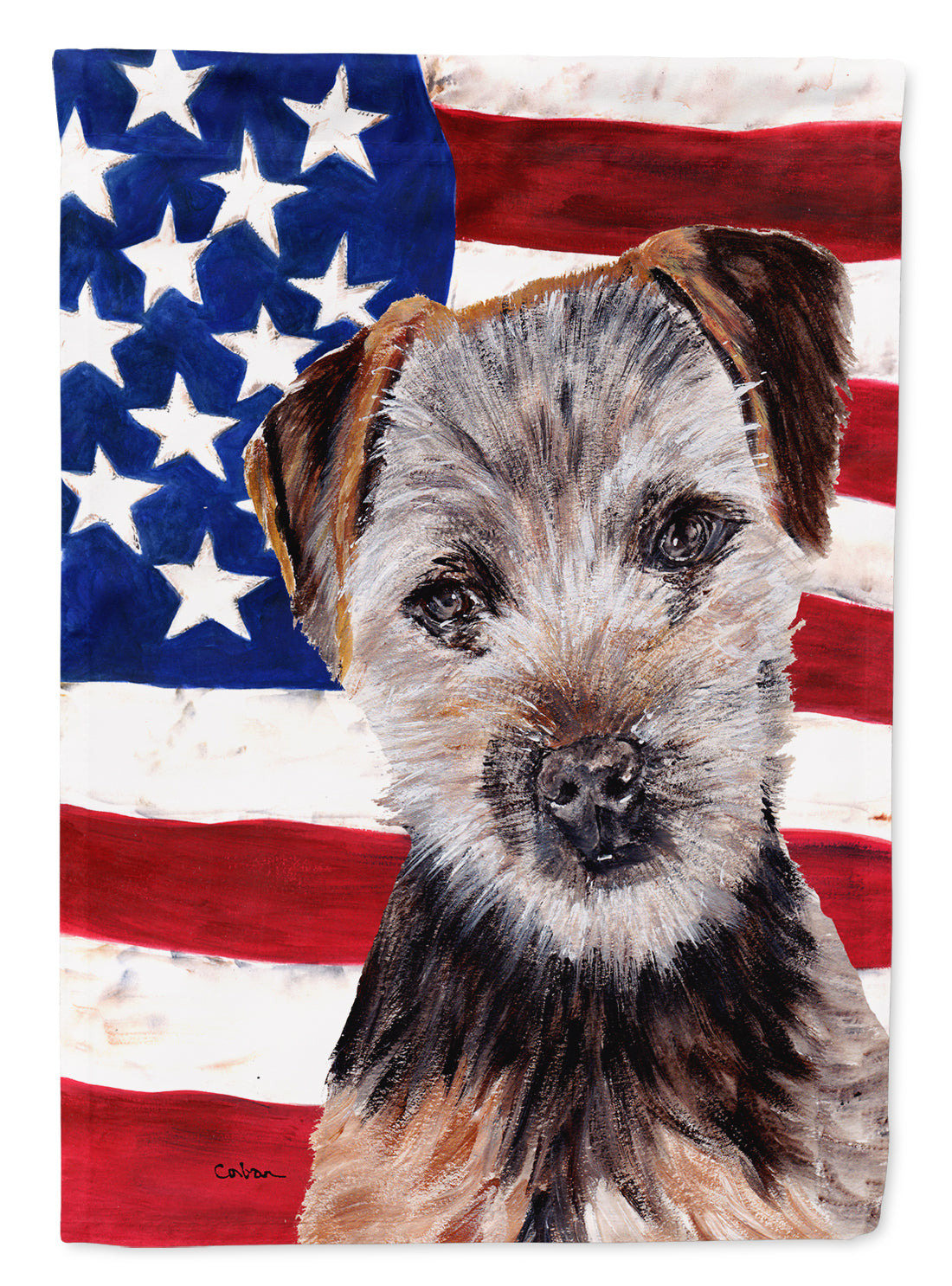 Norfolk Terrier Puppy with American Flag USA Flag Canvas House Size SC9639CHF  the-store.com.