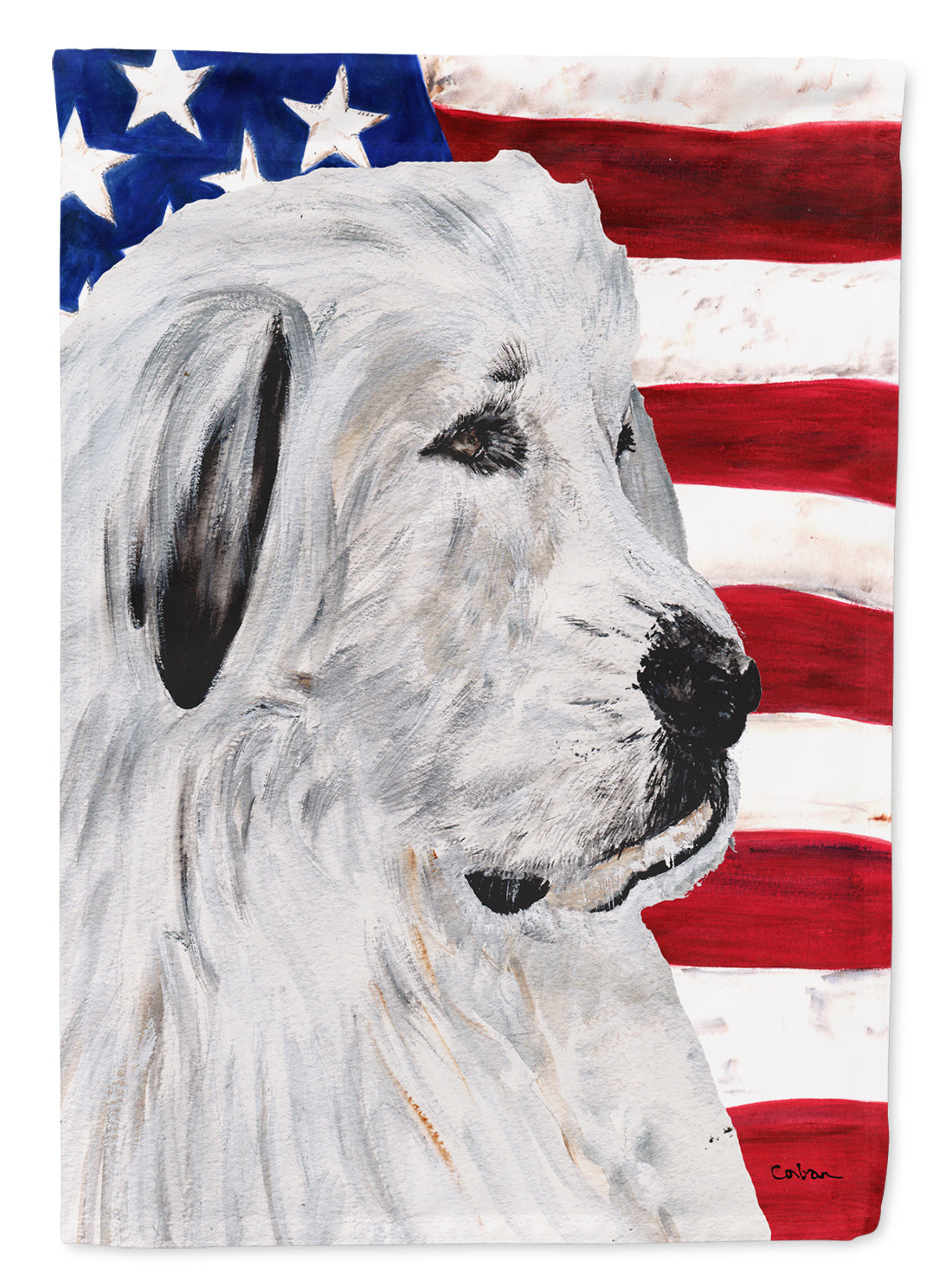 Great Pyrenees with American Flag USA Flag Canvas House Size SC9642CHF  the-store.com.