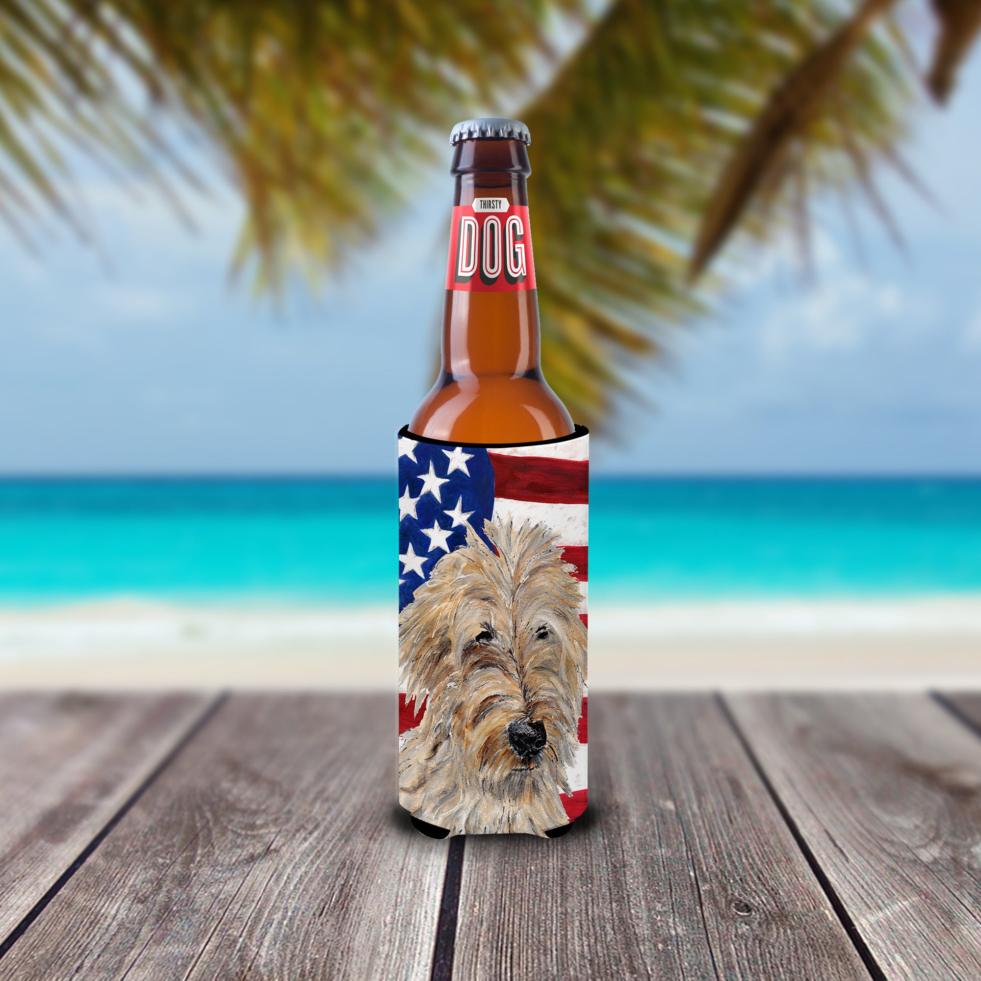 Golden Doodle 2 with American Flag USA Ultra Beverage Insulators for slim cans SC9643MUK.